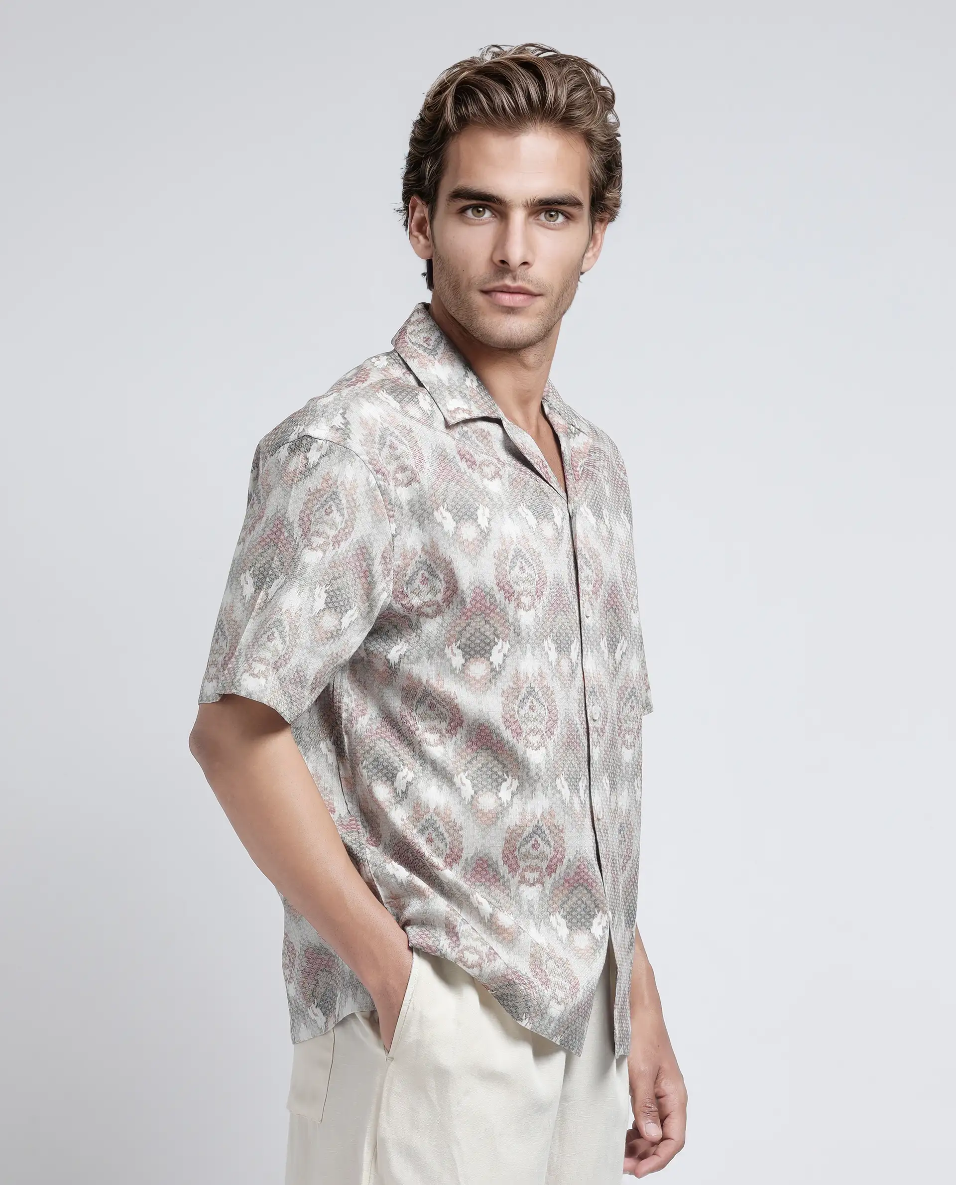 Rare Rabbit Men's Grit Beige Cotton Abstract Print Relaxed Fit Half Sleeve Cuban Collar Shirt - Image 7