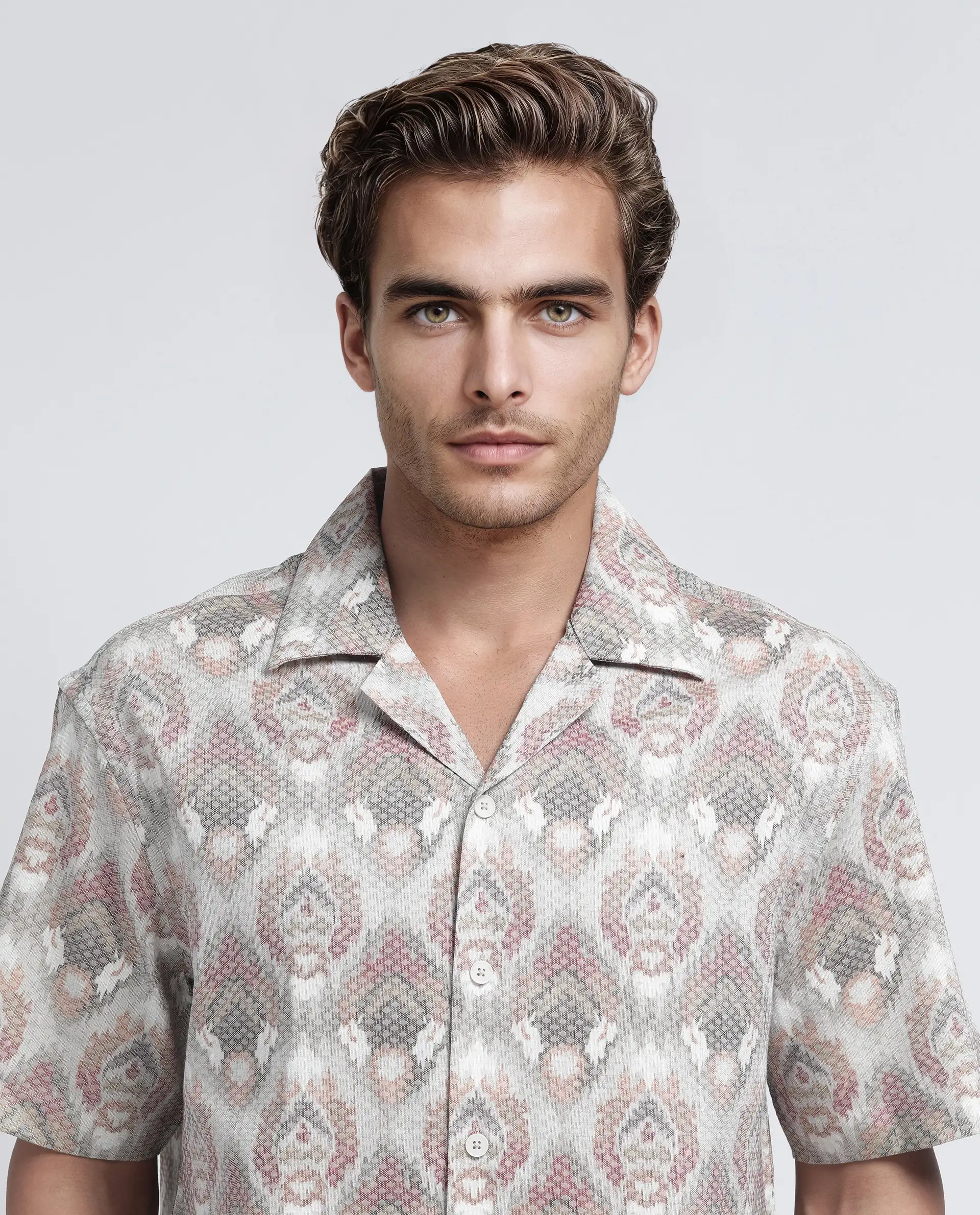 Rare Rabbit Men's Grit Beige Cotton Abstract Print Relaxed Fit Half Sleeve Cuban Collar Shirt - Image 8