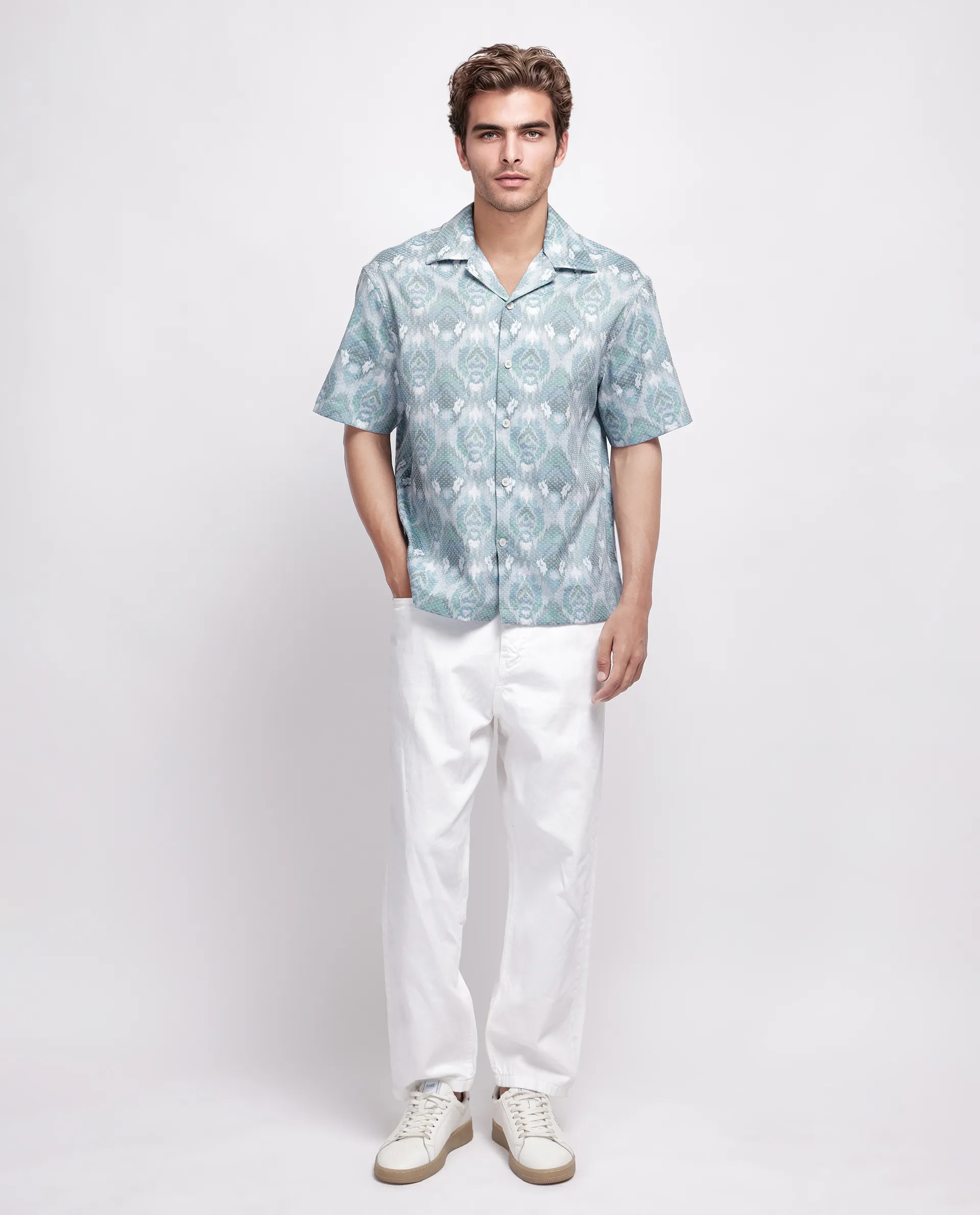 Rare Rabbit Men's Grit Blue Cotton Abstract Print Relaxed Fit Half Sleeve Cuban Collar Shirt - Image 2