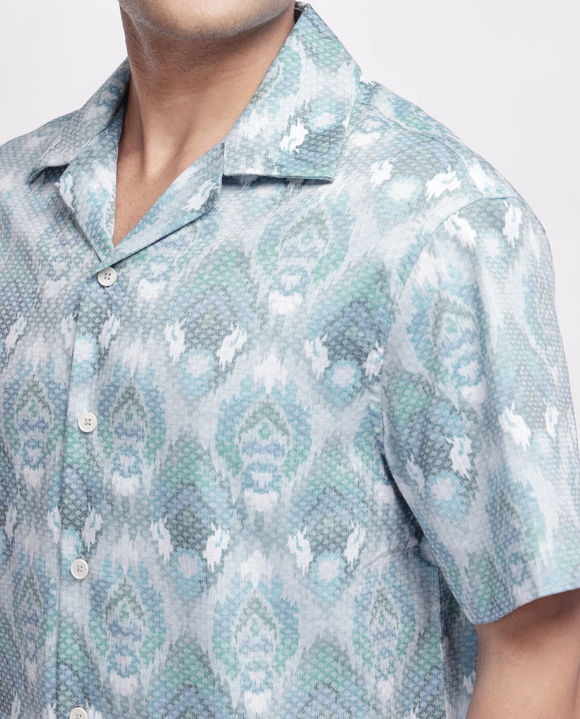 Rare Rabbit Men's Grit Blue Cotton Abstract Print Relaxed Fit Half Sleeve Cuban Collar Shirt - Image 3