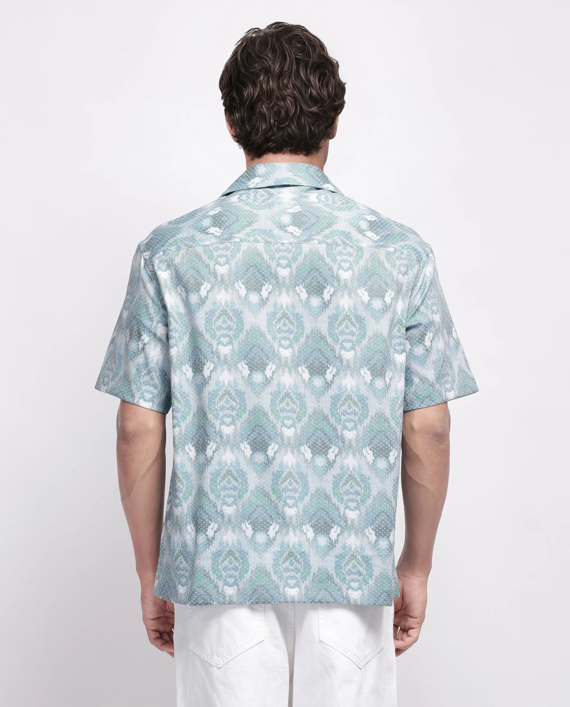 Rare Rabbit Men's Grit Blue Cotton Abstract Print Relaxed Fit Half Sleeve Cuban Collar Shirt - Image 4