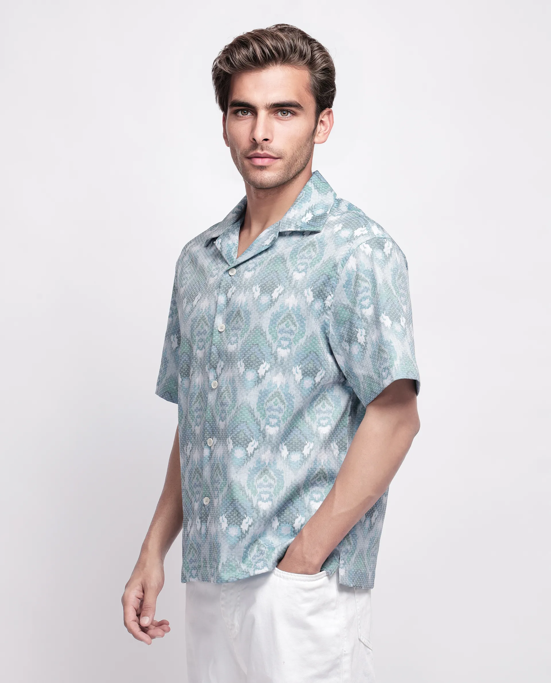 Rare Rabbit Men's Grit Blue Cotton Abstract Print Relaxed Fit Half Sleeve Cuban Collar Shirt - Image 5