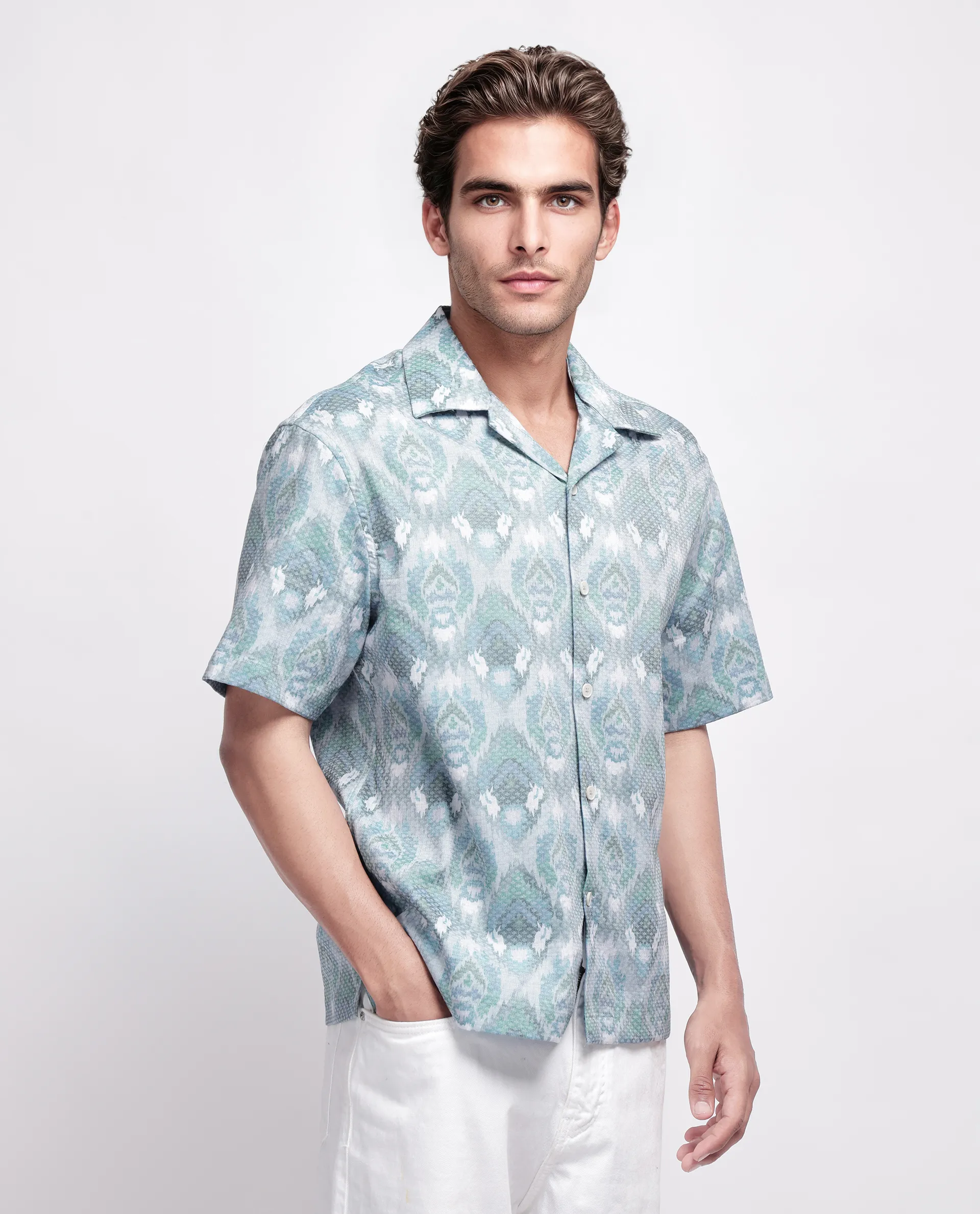 Rare Rabbit Men's Grit Blue Cotton Abstract Print Relaxed Fit Half Sleeve Cuban Collar Shirt - Image 6