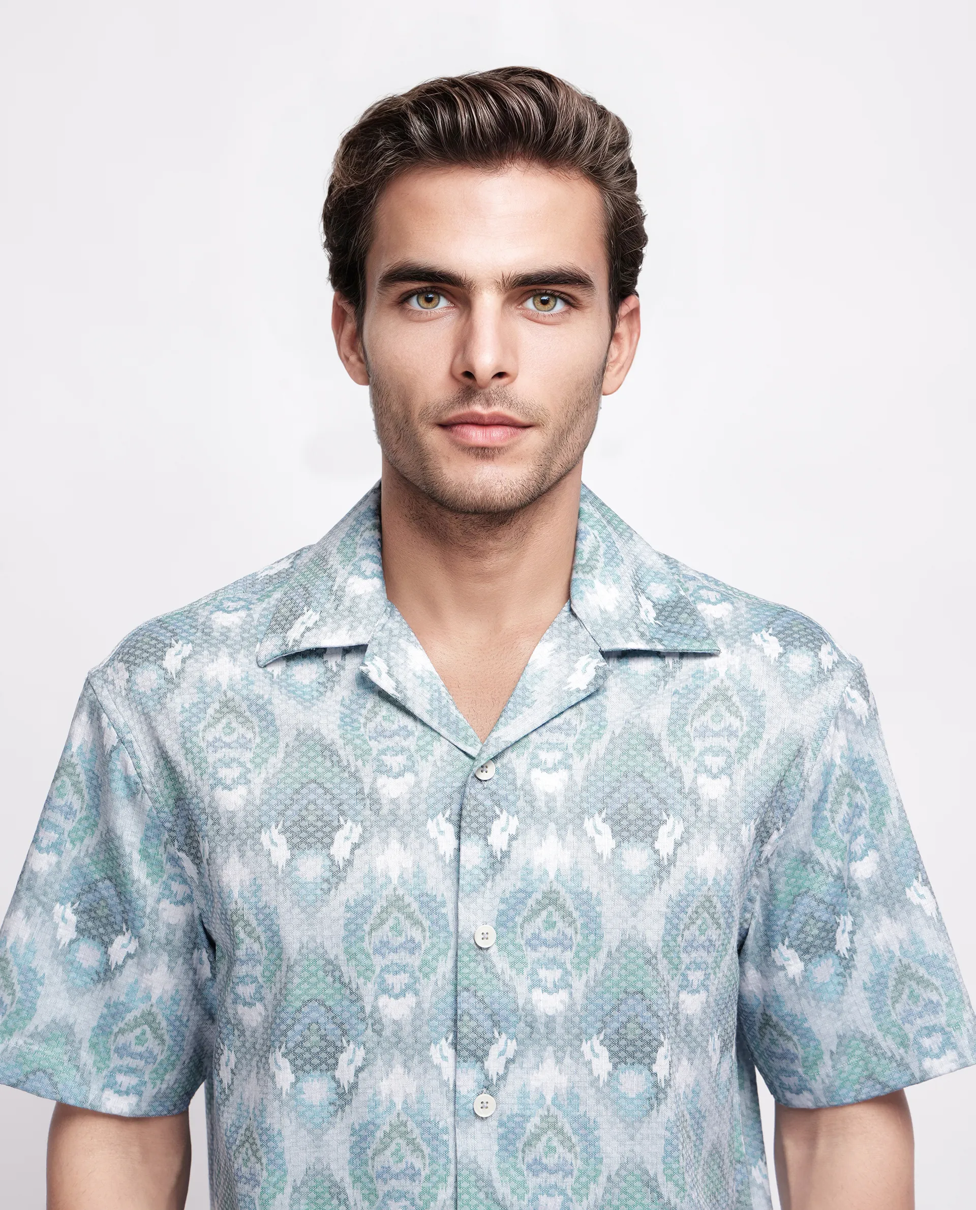 Rare Rabbit Men's Grit Blue Cotton Abstract Print Relaxed Fit Half Sleeve Cuban Collar Shirt - Image 7