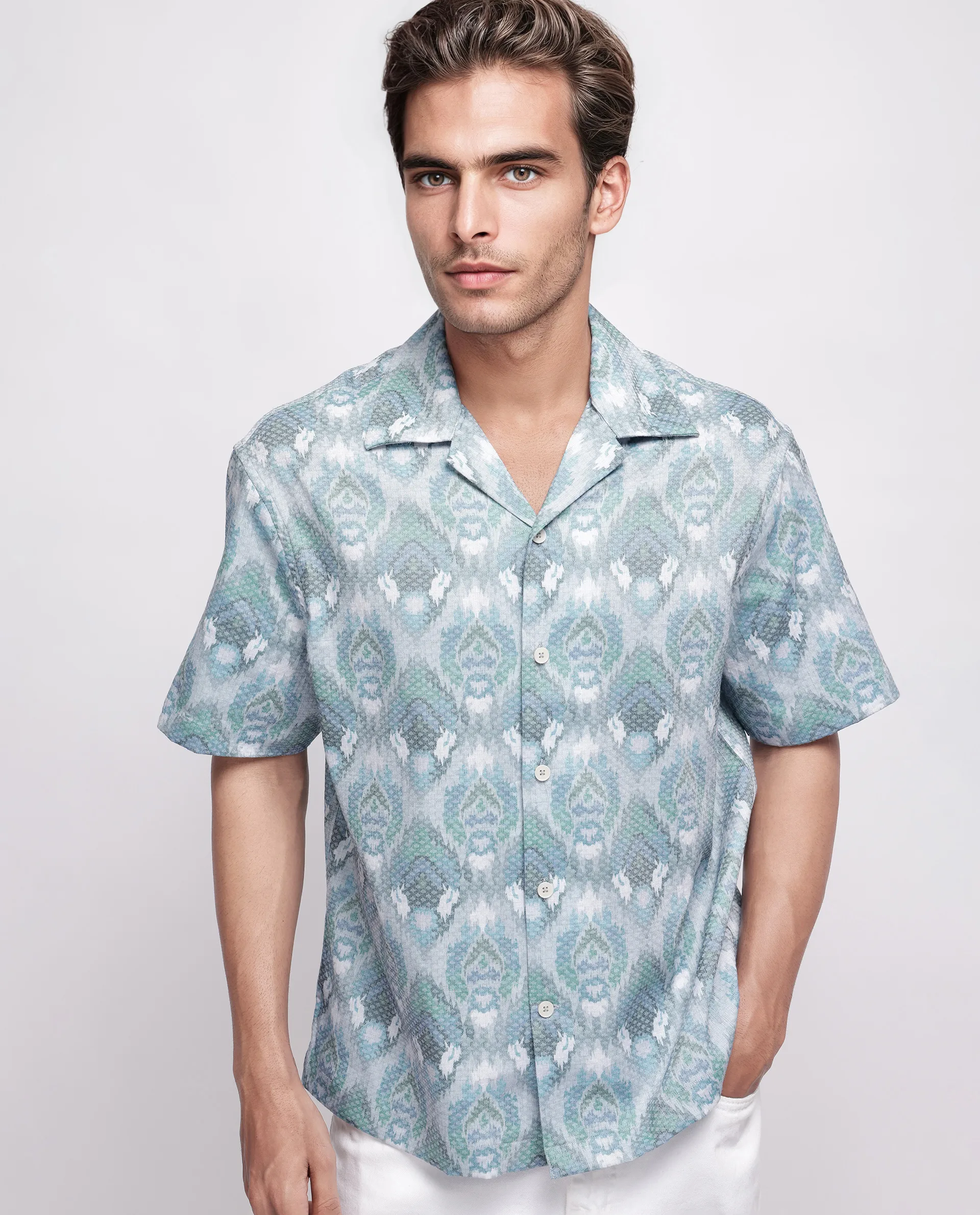 Rare Rabbit Men's Grit Blue Cotton Abstract Print Relaxed Fit Half Sleeve Cuban Collar Shirt - Image 8