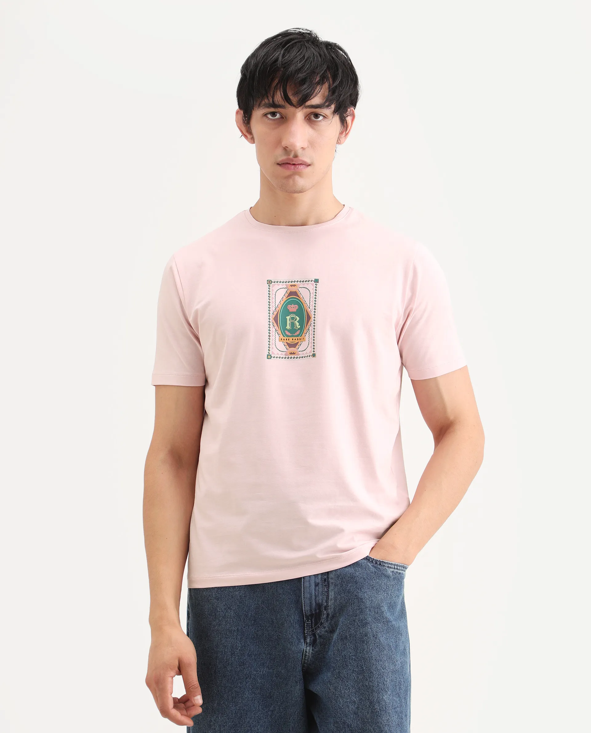 Rare Rabbit Men's Grit Light Pink Cotton Blend Fabric Half Sleeve Crew Neck Regular Fit Graphic Print T-Shirt - Image 3