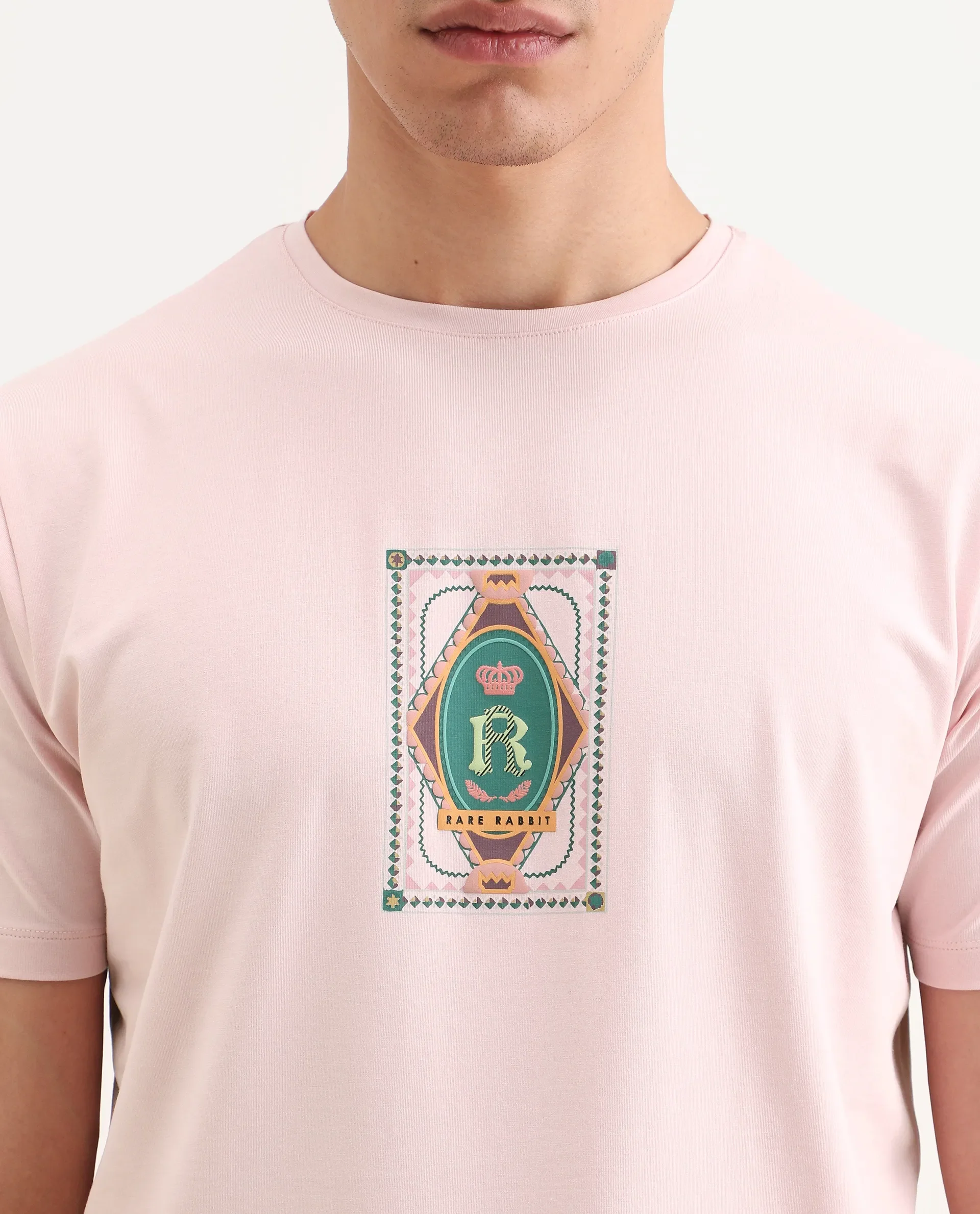 Rare Rabbit Men's Grit Light Pink Cotton Blend Fabric Half Sleeve Crew Neck Regular Fit Graphic Print T-Shirt - Image 4