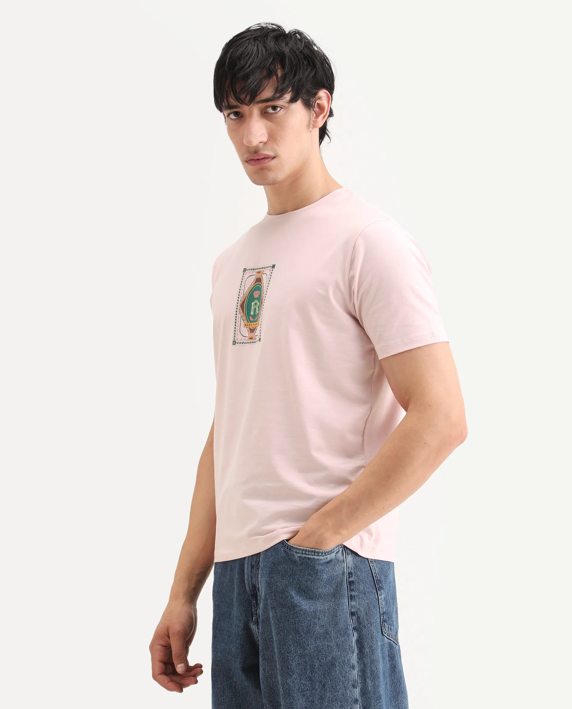 Rare Rabbit Men's Grit Light Pink Cotton Blend Fabric Half Sleeve Crew Neck Regular Fit Graphic Print T-Shirt - Image 5