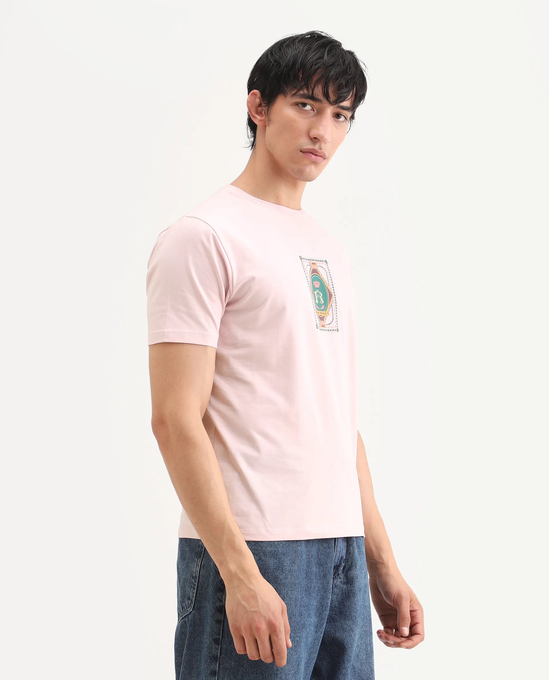 Rare Rabbit Men's Grit Light Pink Cotton Blend Fabric Half Sleeve Crew Neck Regular Fit Graphic Print T-Shirt - Image 6