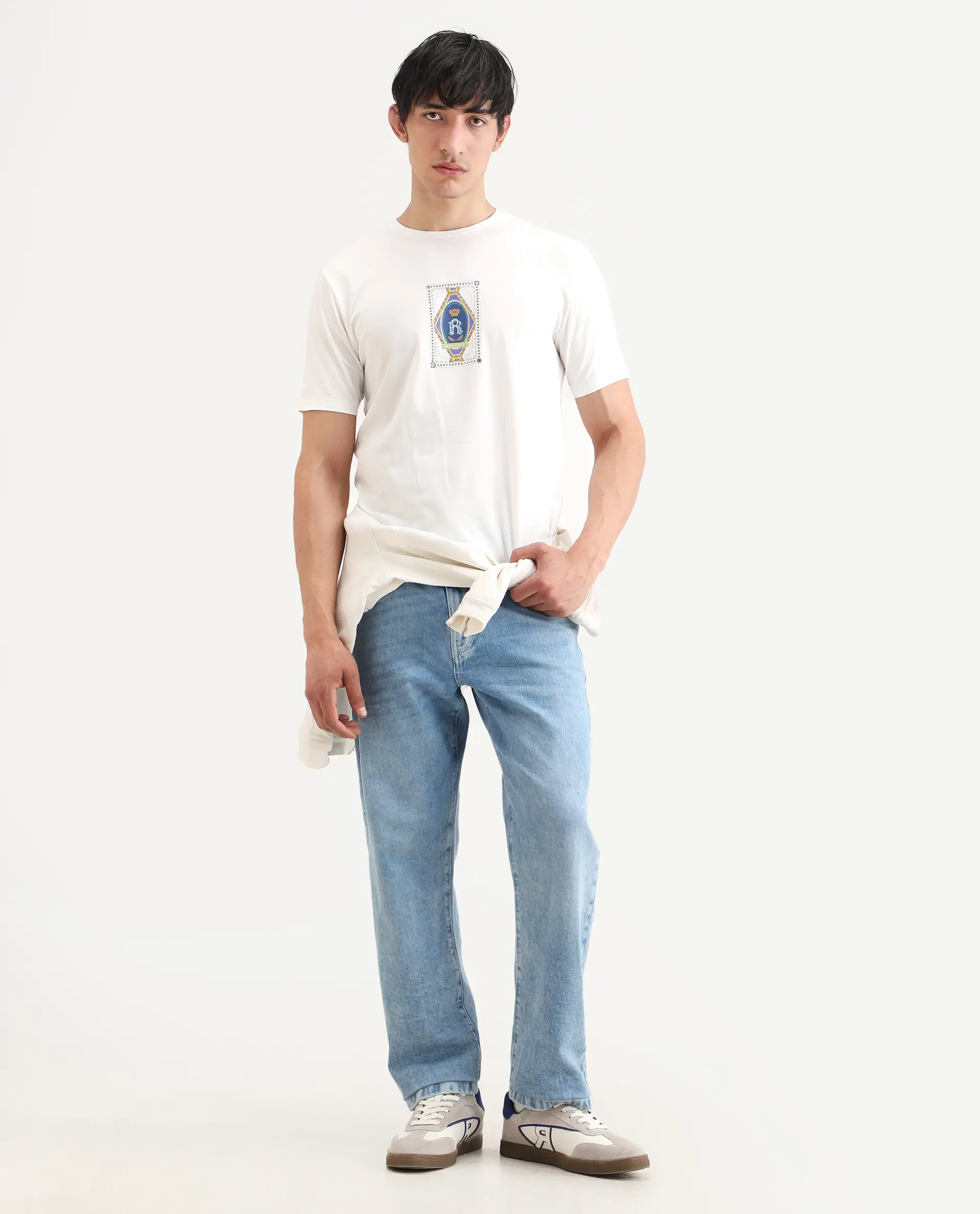 Rare Rabbit Men's Grit Off White Cotton Blend Fabric Half Sleeve Crew Neck Regular Fit Graphic Print T-Shirt - Image 2