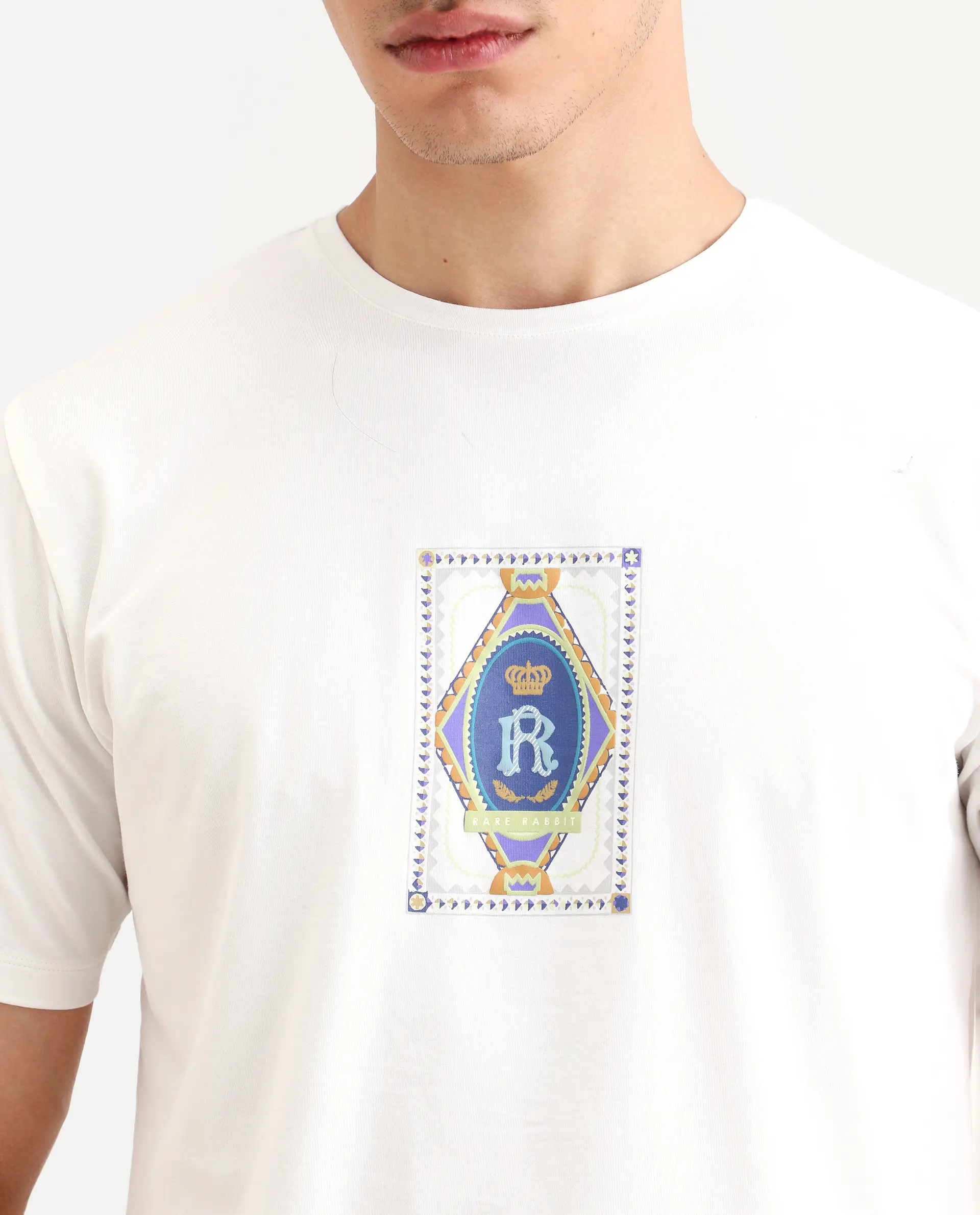 Rare Rabbit Men's Grit Off White Cotton Blend Fabric Half Sleeve Crew Neck Regular Fit Graphic Print T-Shirt - Image 3