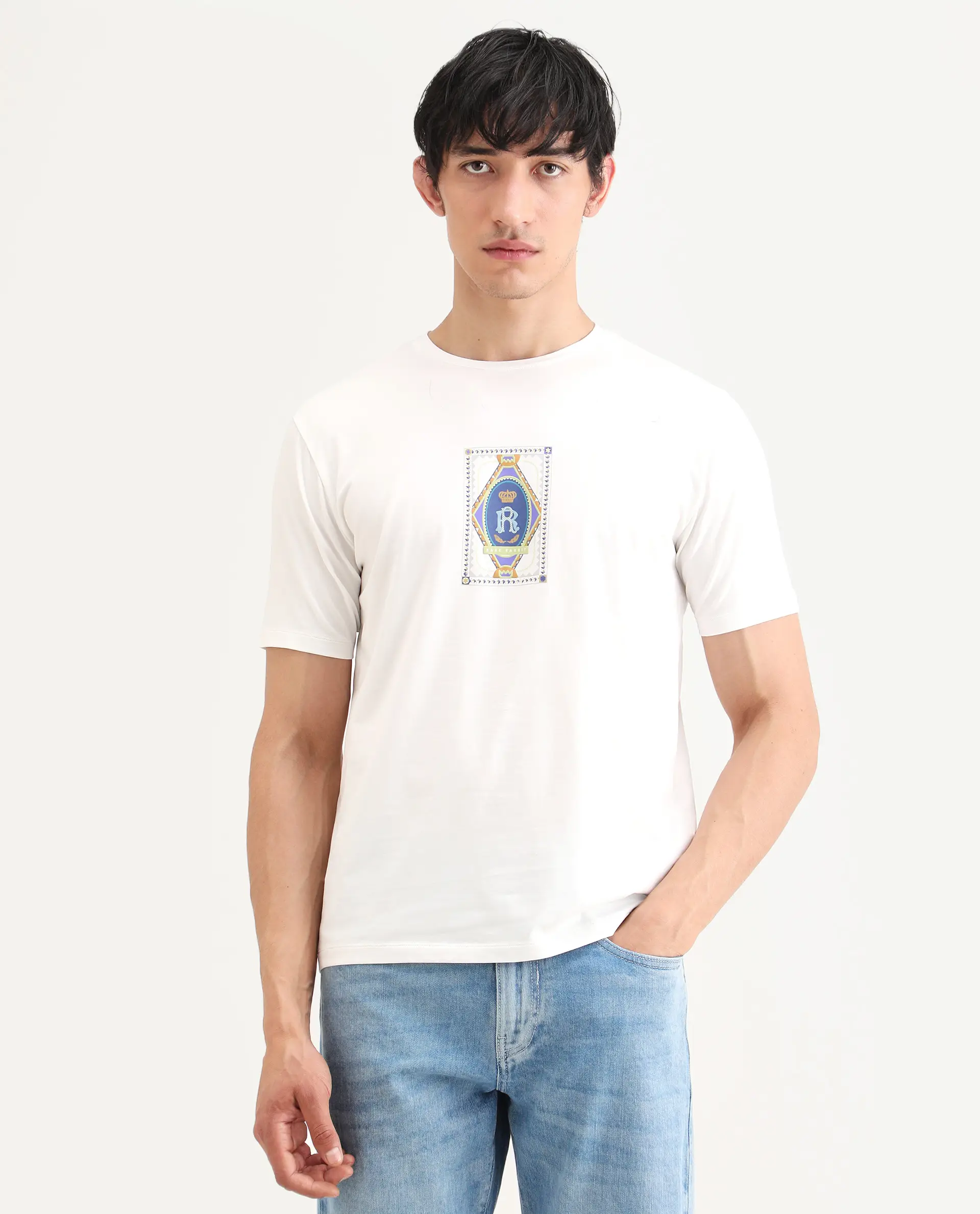 Rare Rabbit Men's Grit Off White Cotton Blend Fabric Half Sleeve Crew Neck Regular Fit Graphic Print T-Shirt - Image 5