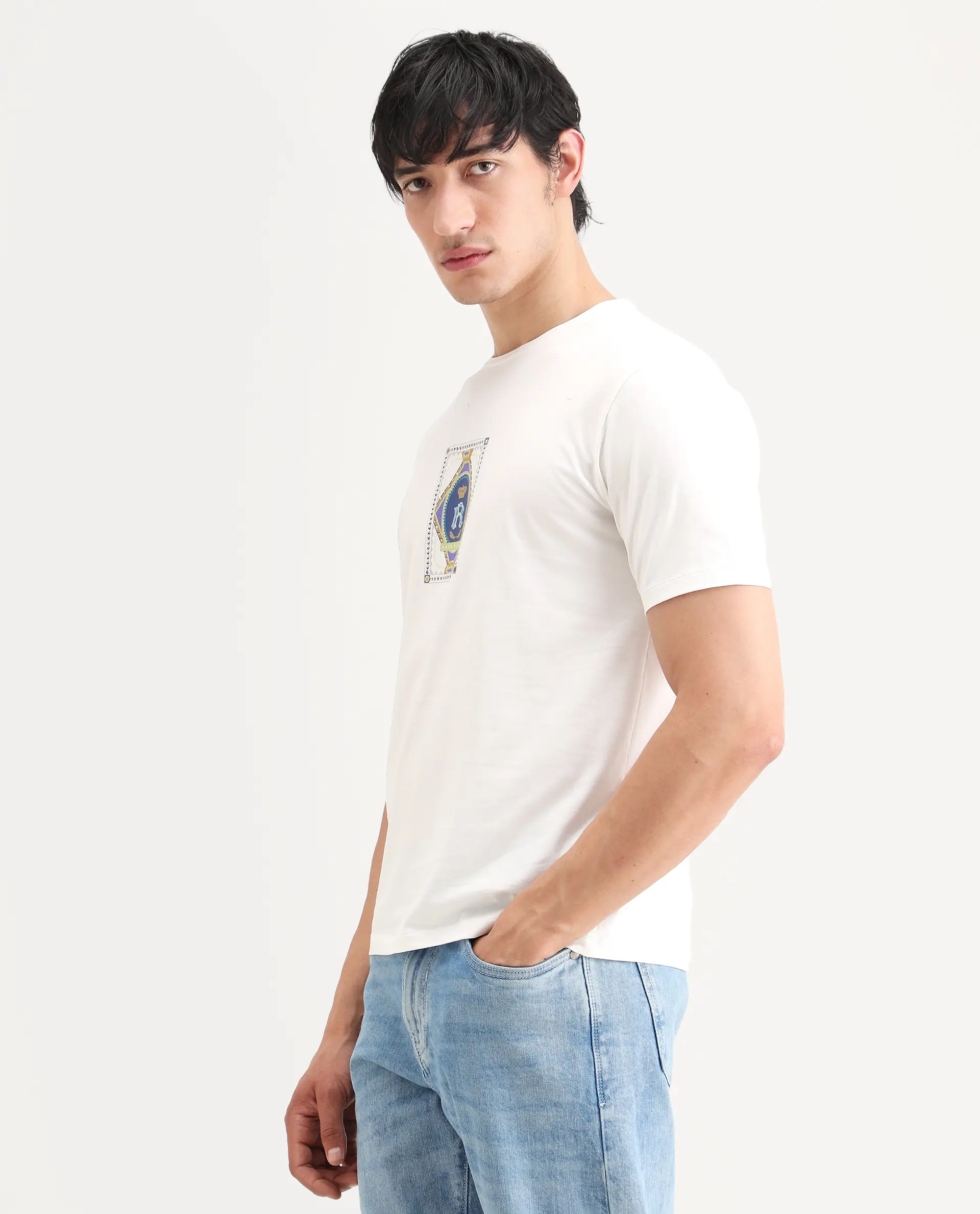 Rare Rabbit Men's Grit Off White Cotton Blend Fabric Half Sleeve Crew Neck Regular Fit Graphic Print T-Shirt - Image 6