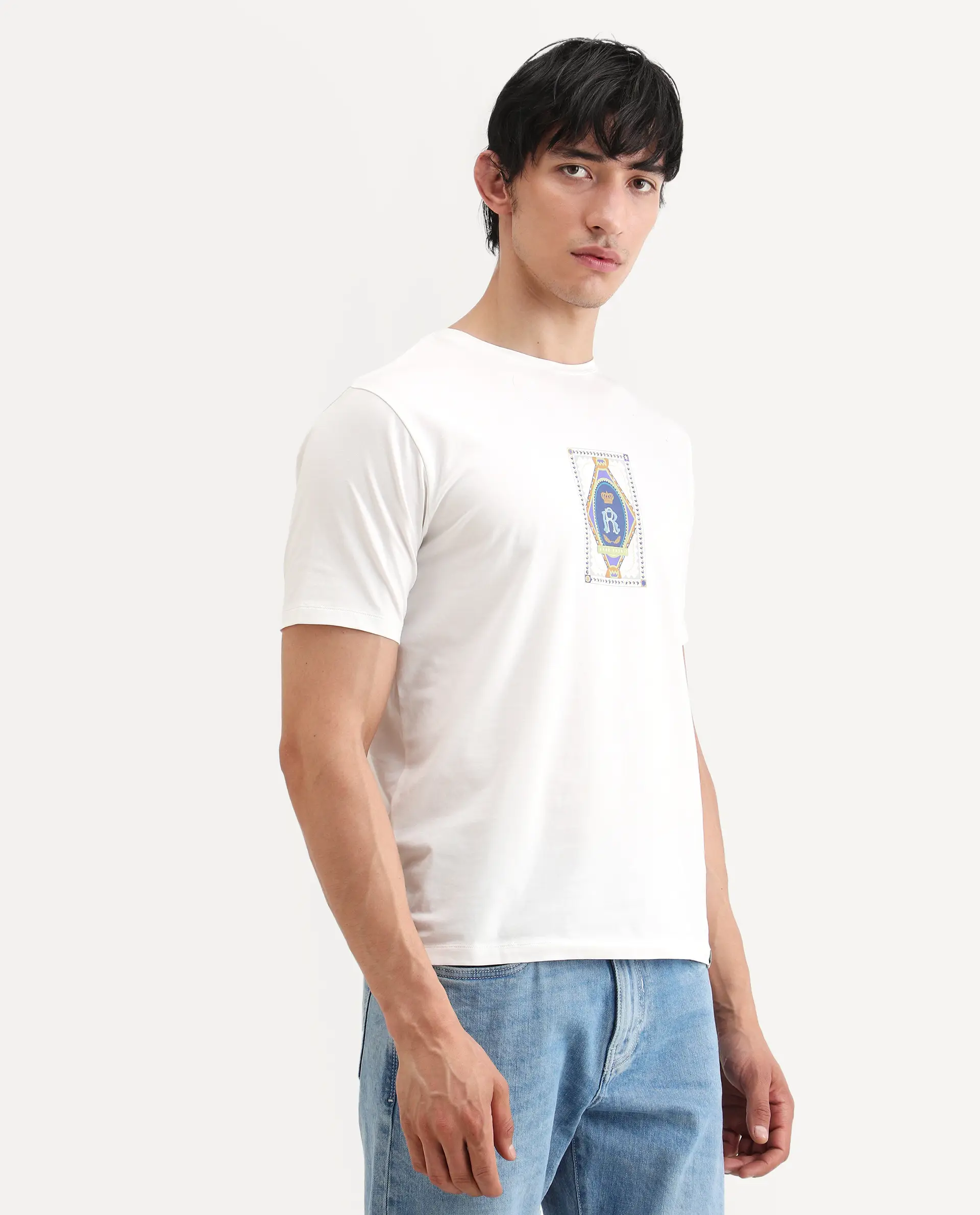 Rare Rabbit Men's Grit Off White Cotton Blend Fabric Half Sleeve Crew Neck Regular Fit Graphic Print T-Shirt - Image 7