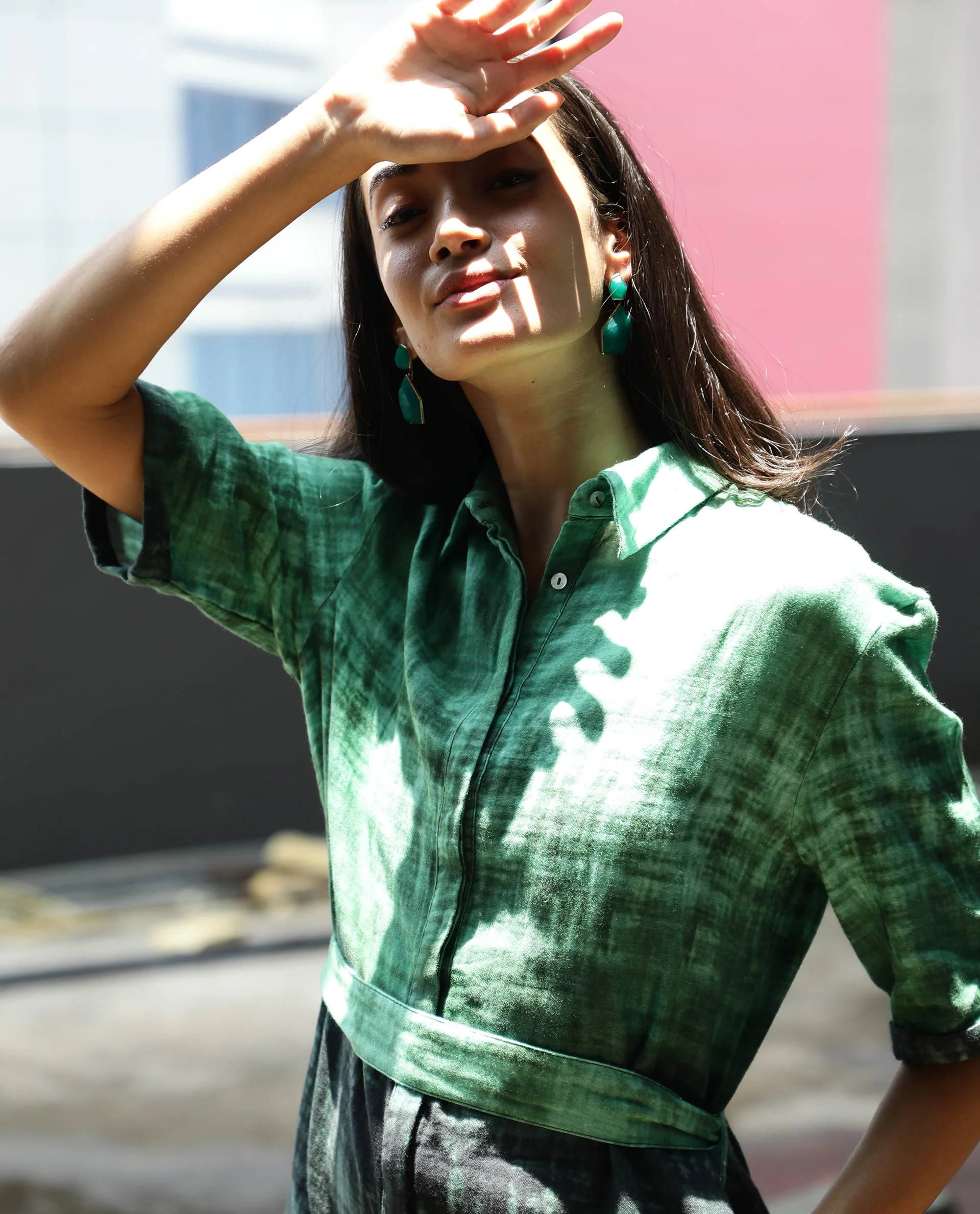 Rareism Womens Grizzle Green Top Cotton Fabric Regular Fit Half Sleeve Collared Neck - Image 3