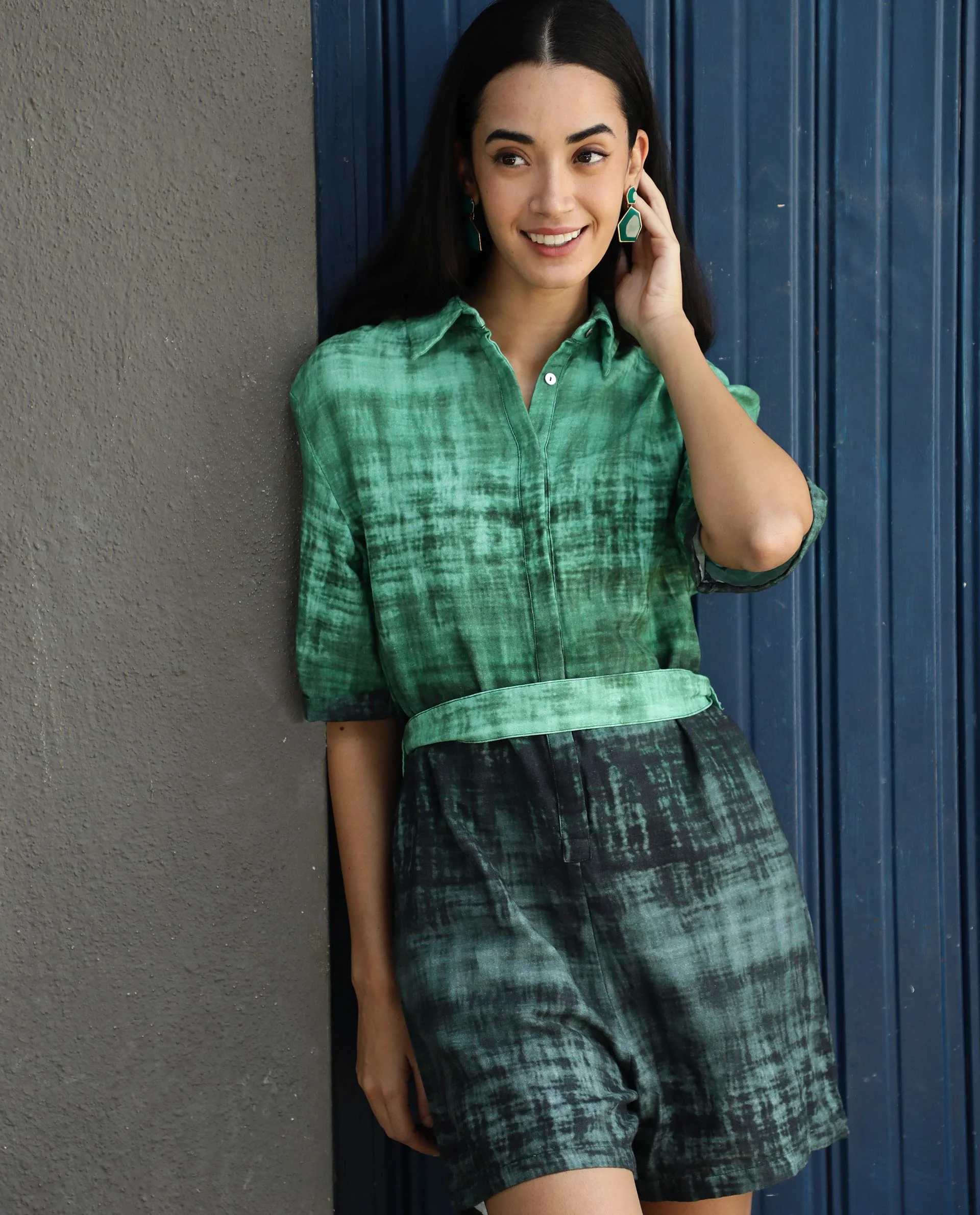 Rareism Womens Grizzle Green Top Cotton Fabric Regular Fit Half Sleeve Collared Neck - Image 4
