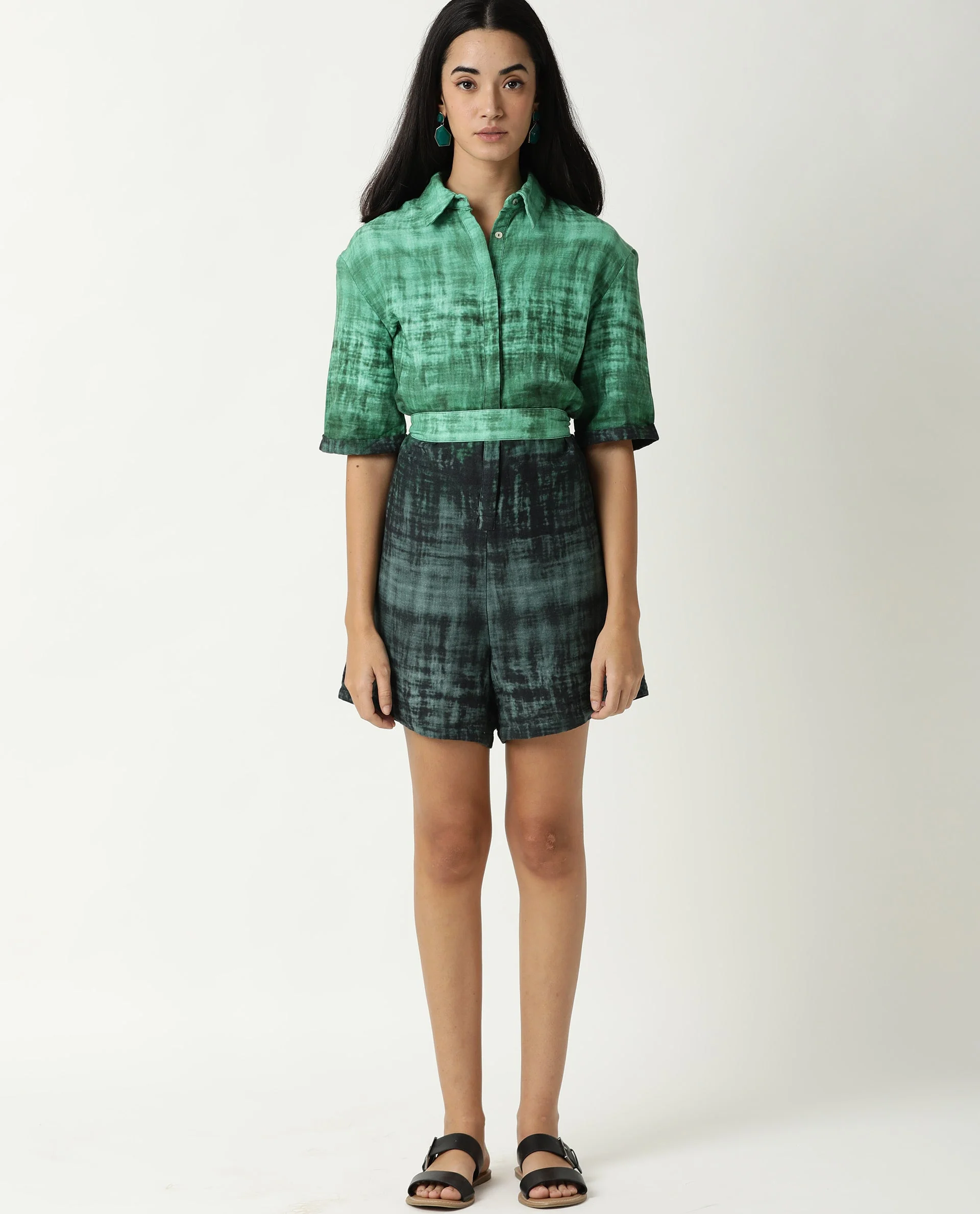 Rareism Womens Grizzle Green Top Cotton Fabric Regular Fit Half Sleeve Collared Neck - Image 5