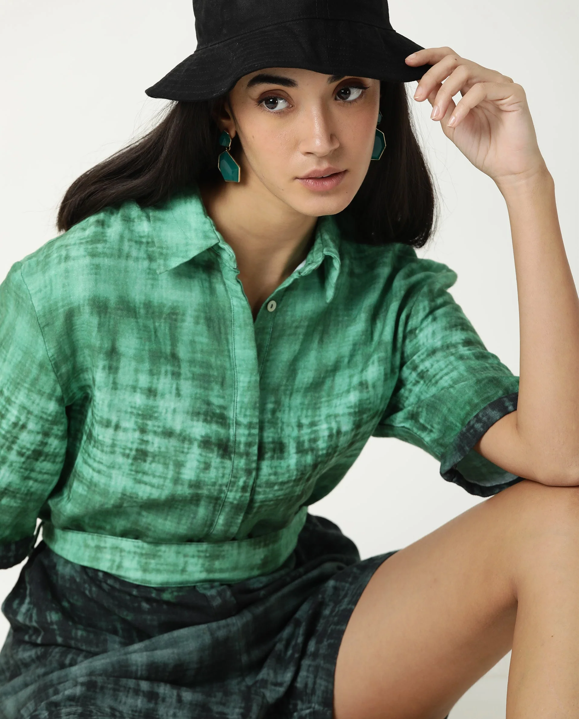 Rareism Womens Grizzle Green Top Cotton Fabric Regular Fit Half Sleeve Collared Neck - Image 6