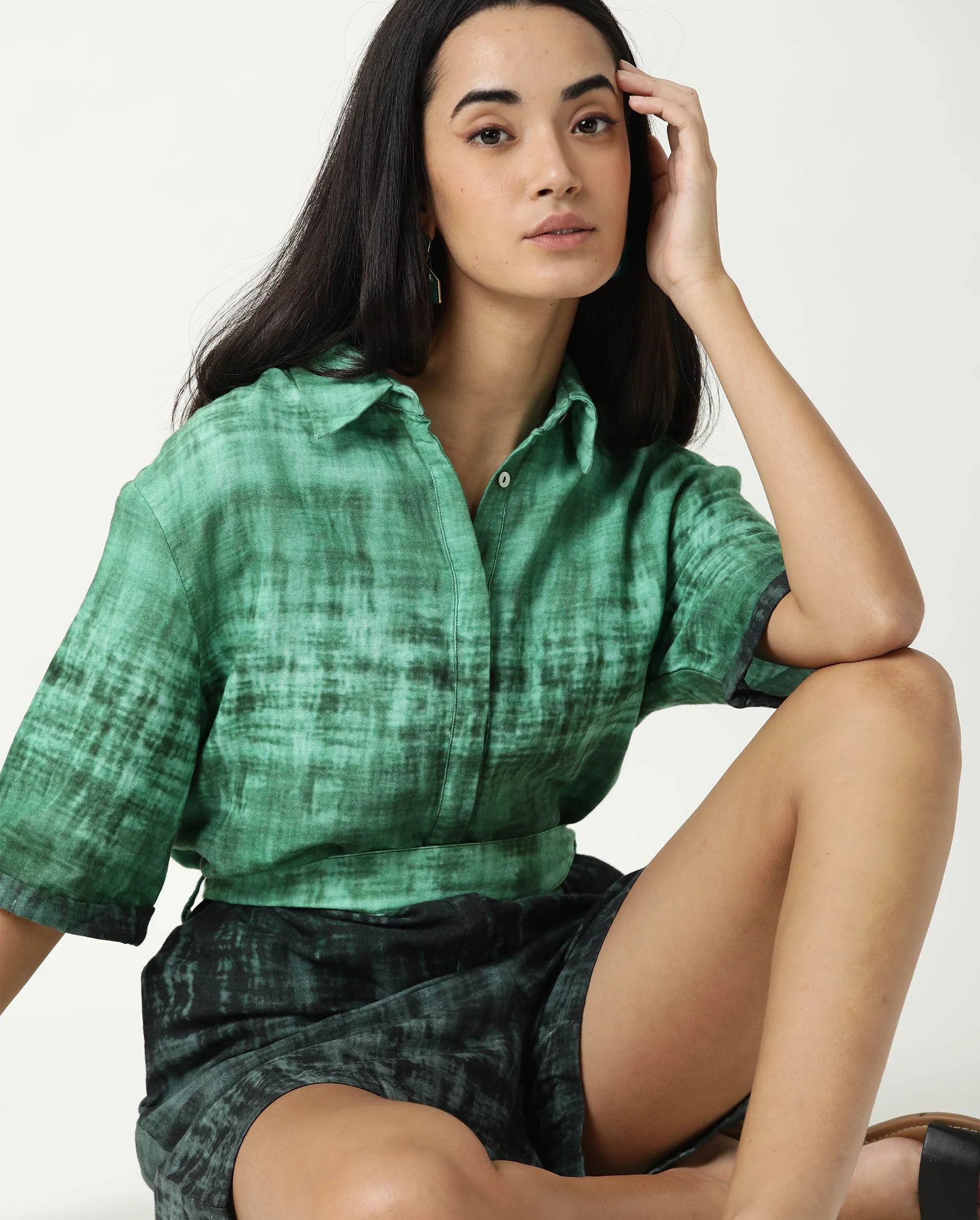 Rareism Womens Grizzle Green Top Cotton Fabric Regular Fit Half Sleeve Collared Neck - Image 7