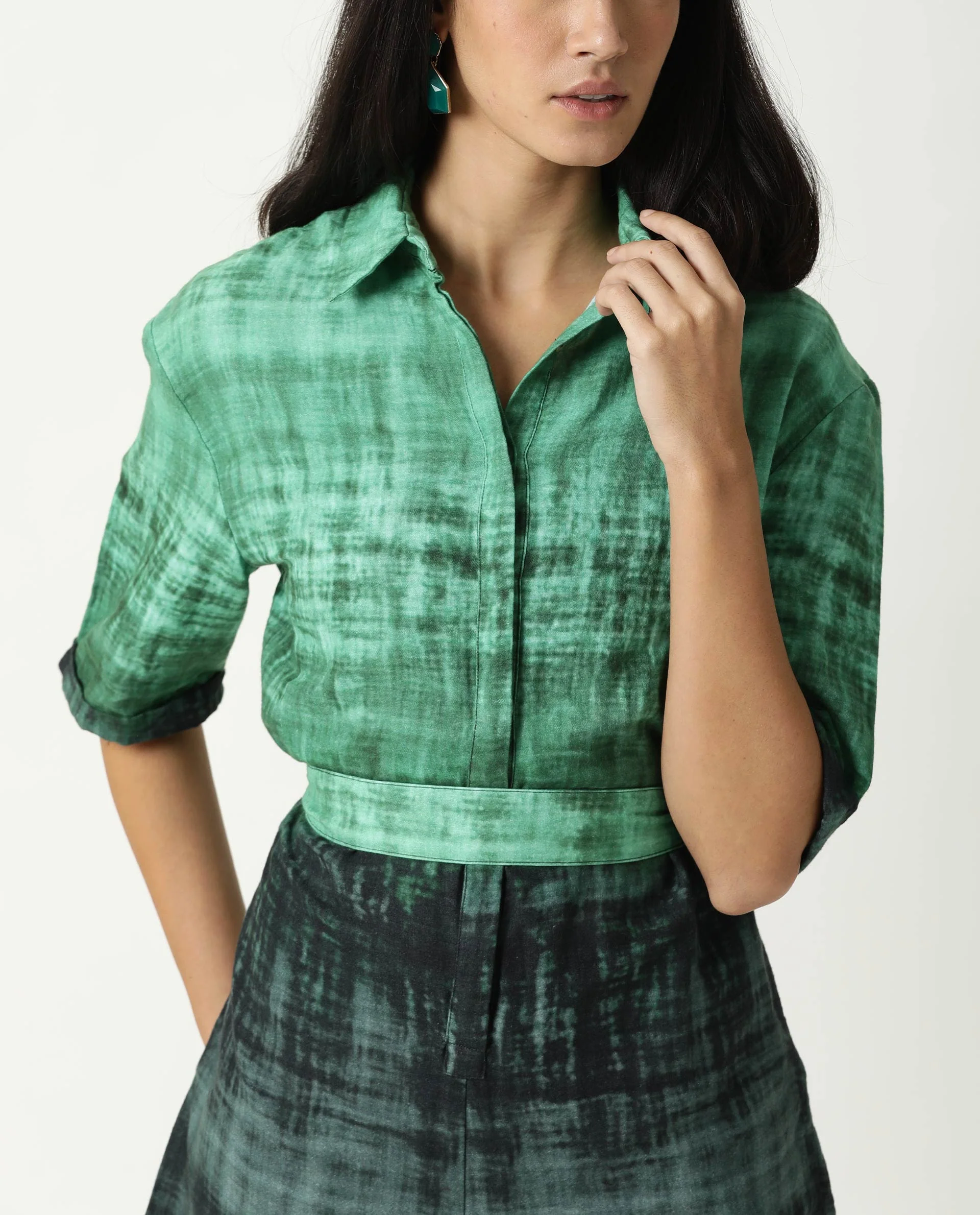 Rareism Womens Grizzle Green Top Cotton Fabric Regular Fit Half Sleeve Collared Neck - Image 8
