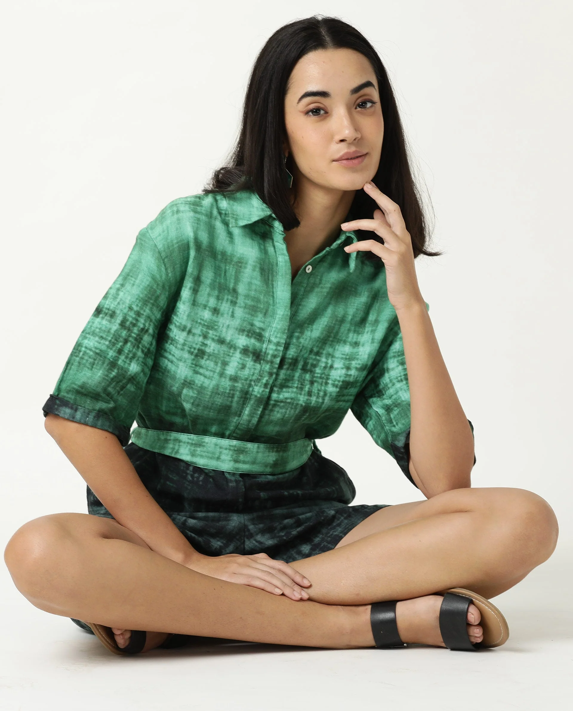 Rareism Womens Grizzle Green Top Cotton Fabric Regular Fit Half Sleeve Collared Neck - Image 9