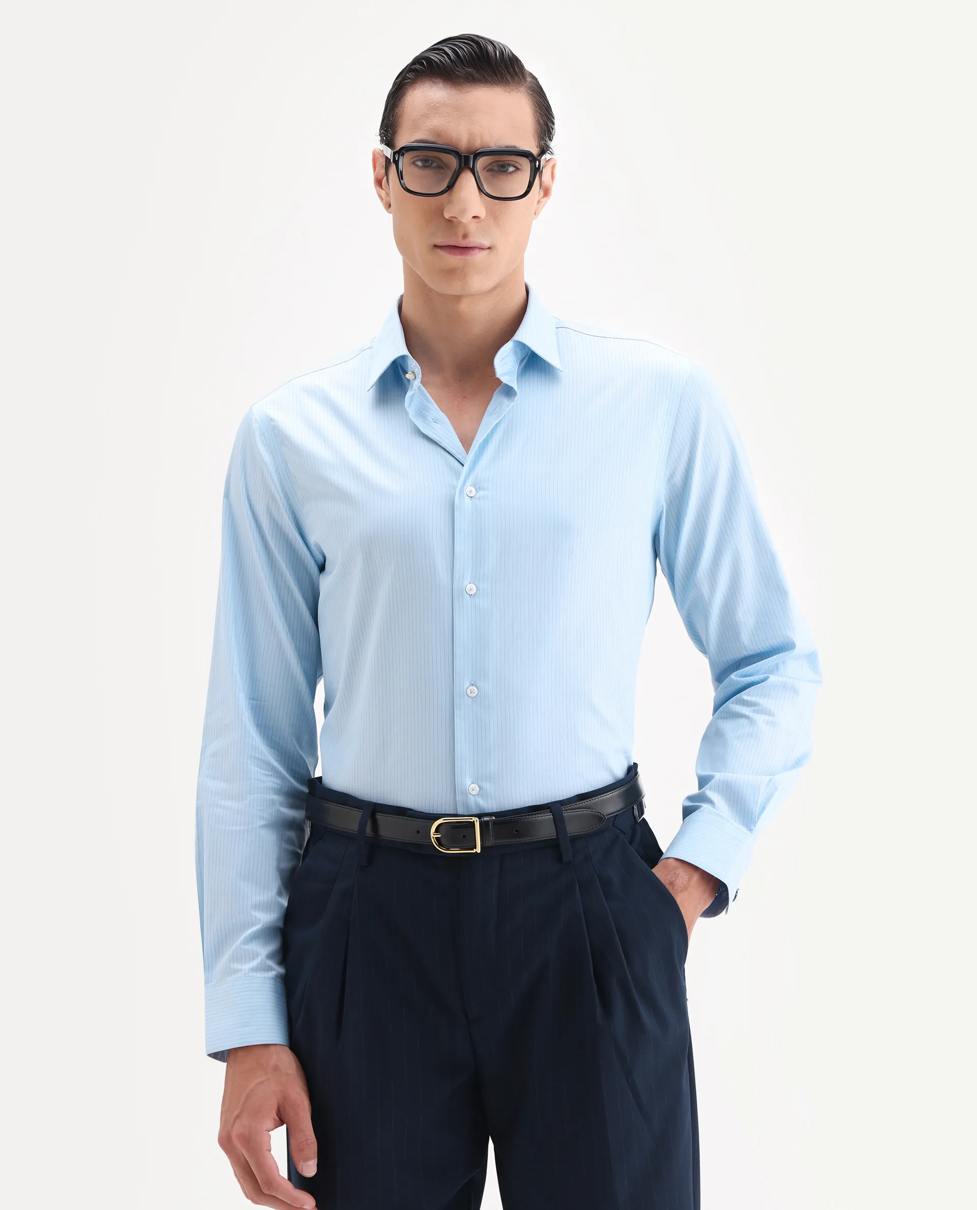 Rare Rabbit Men's Grol Blue Cotton Blend Fabric Collared Neck Regular Fit Striped Shirt