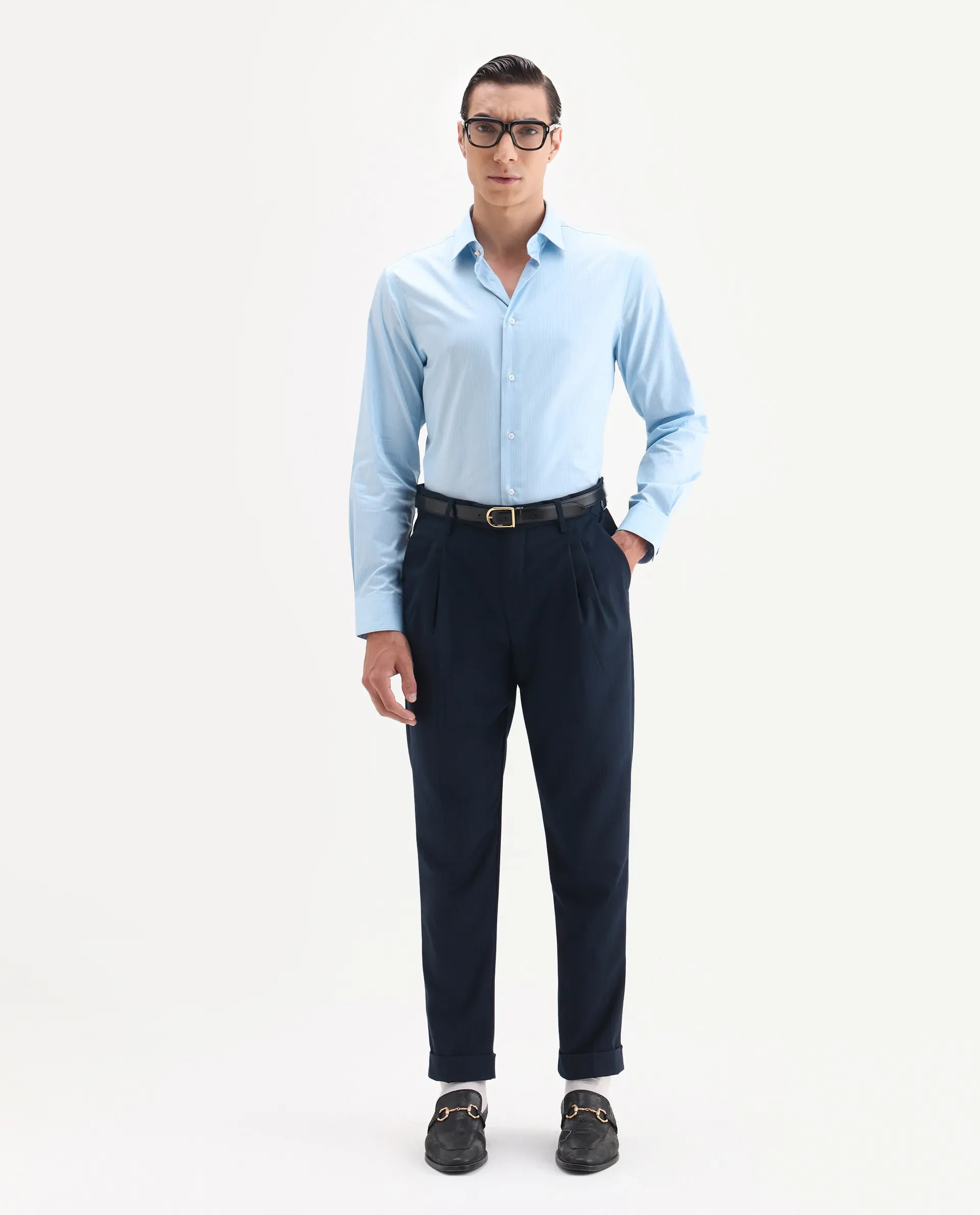 Rare Rabbit Men's Grol Blue Cotton Blend Fabric Collared Neck Regular Fit Striped Shirt - Image 2