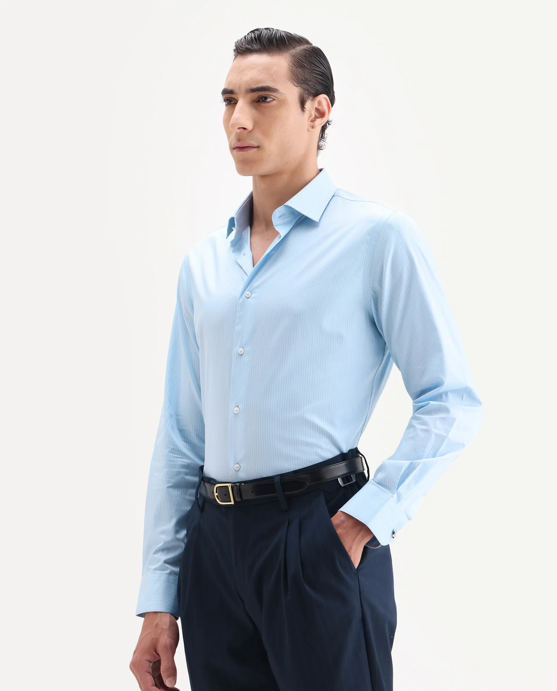Rare Rabbit Men's Grol Blue Cotton Blend Fabric Collared Neck Regular Fit Striped Shirt - Image 4