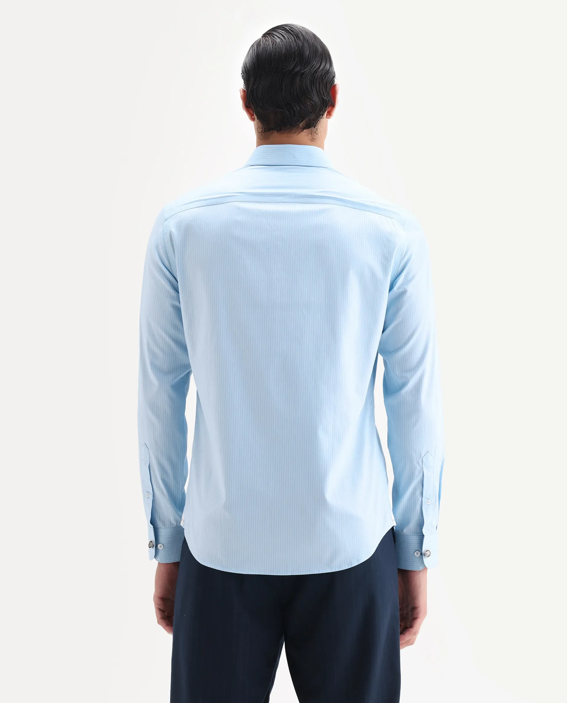 Rare Rabbit Men's Grol Blue Cotton Blend Fabric Collared Neck Regular Fit Striped Shirt - Image 7