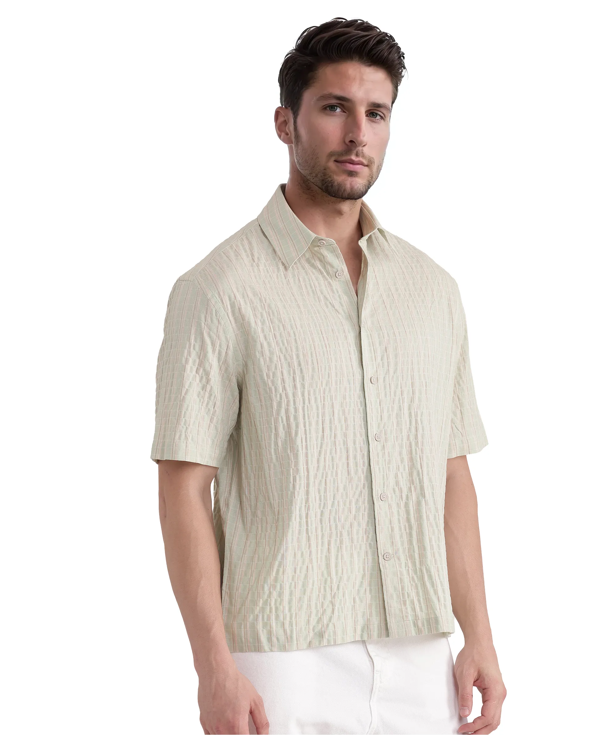 Rare Rabbit Men's Grolxan Pastel Green Cotton Striped Print Regular Fit Full Sleeve Collared Shirt