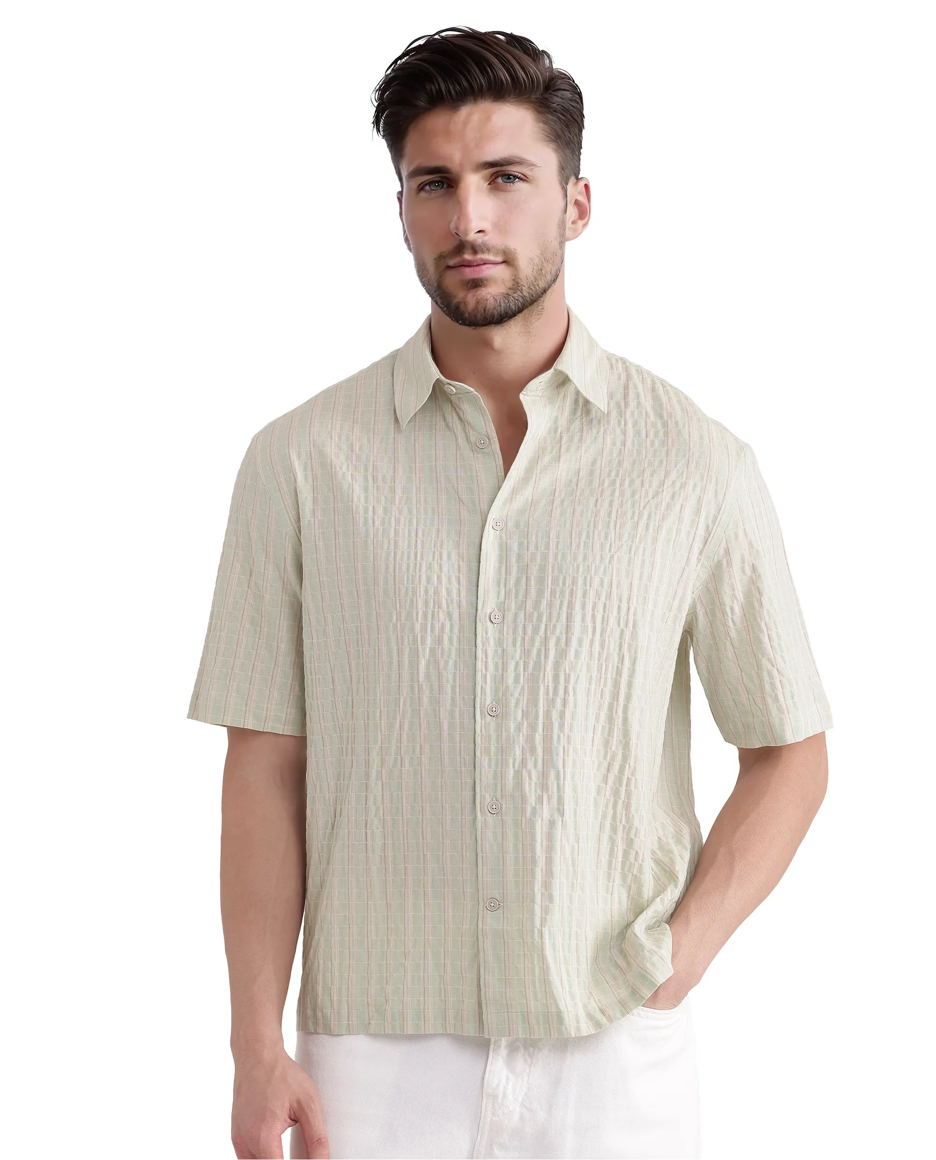 Rare Rabbit Men's Grolxan Pastel Green Cotton Striped Print Regular Fit Full Sleeve Collared Shirt - Image 2