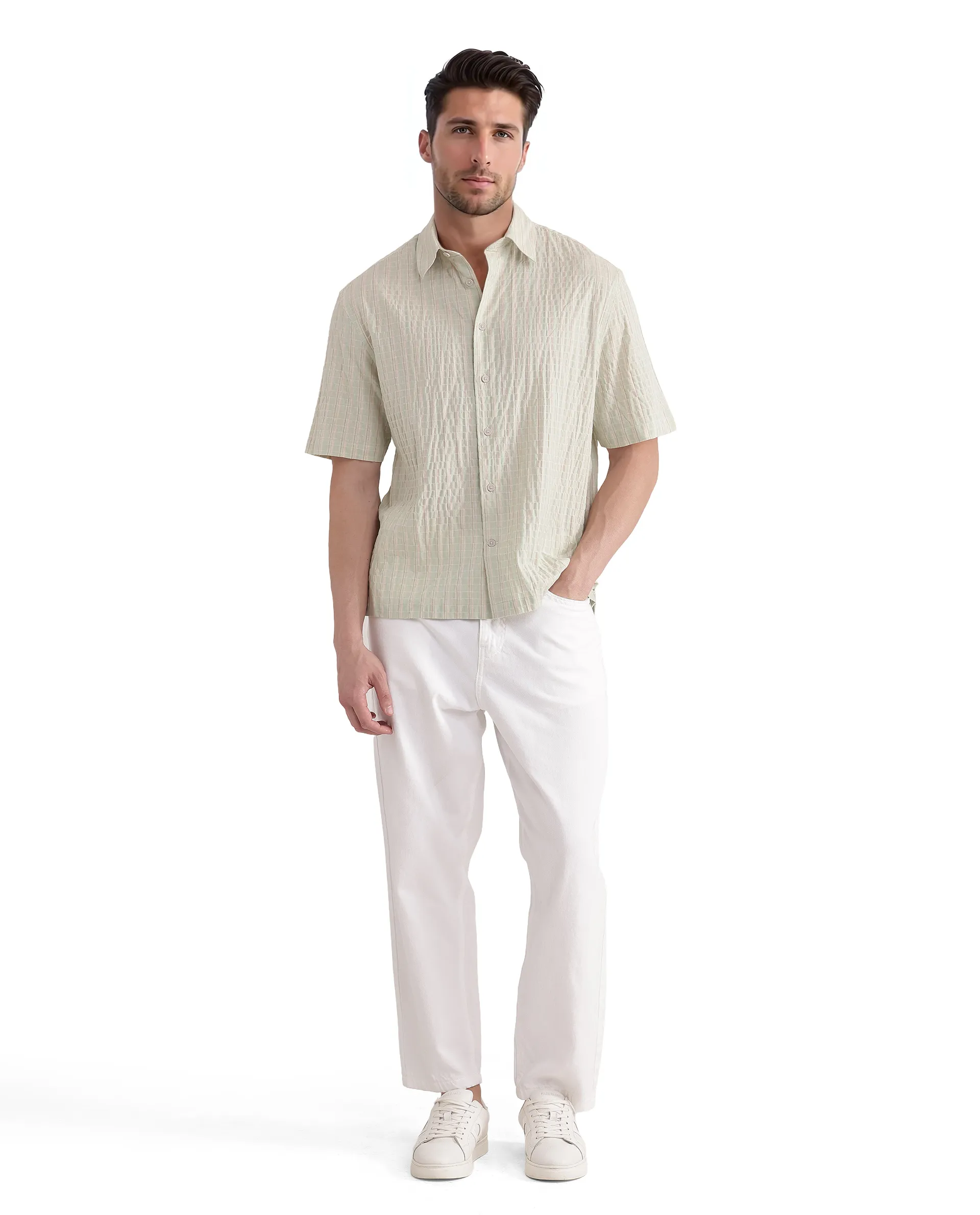 Rare Rabbit Men's Grolxan Pastel Green Cotton Striped Print Regular Fit Full Sleeve Collared Shirt - Image 3