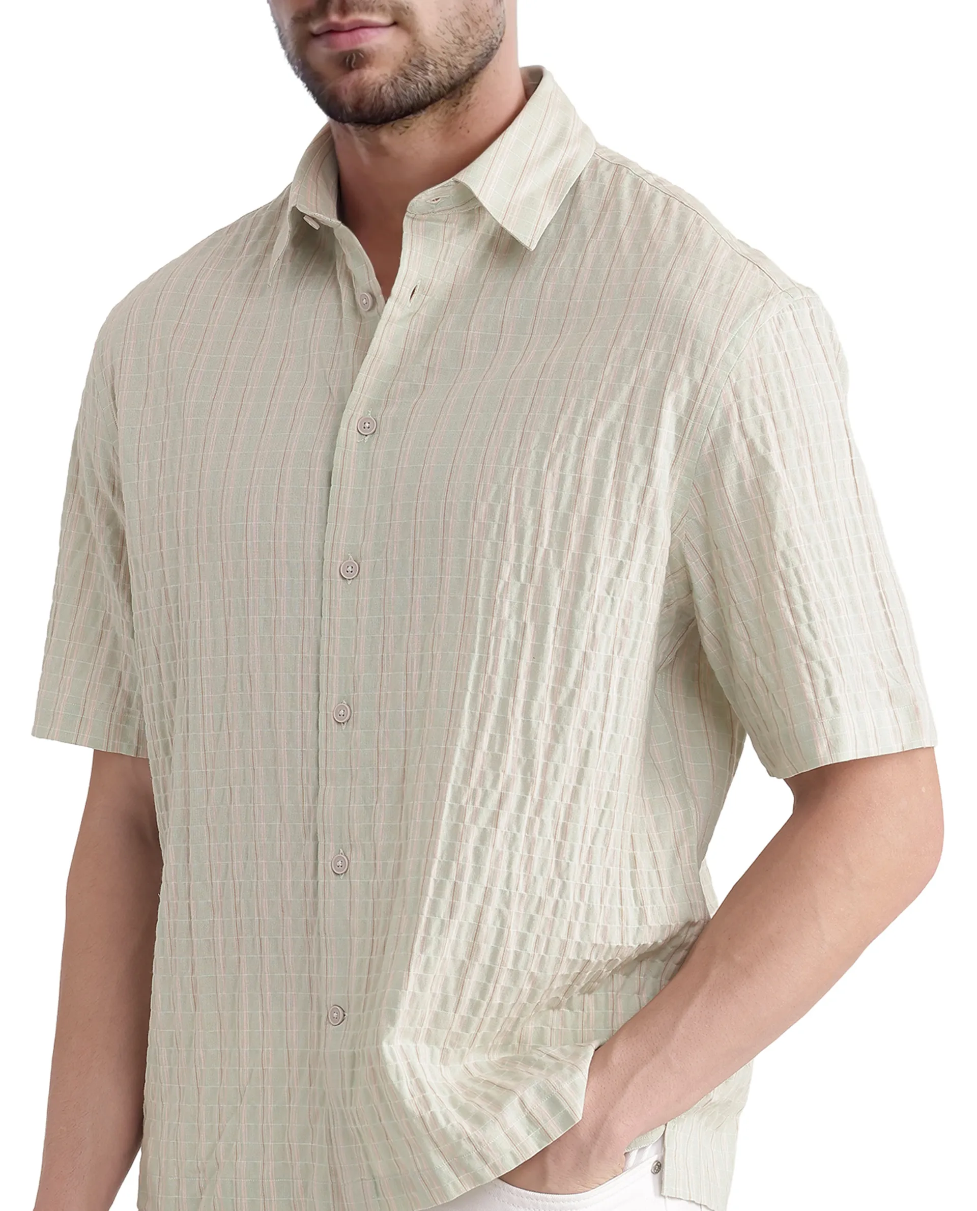 Rare Rabbit Men's Grolxan Pastel Green Cotton Striped Print Regular Fit Full Sleeve Collared Shirt - Image 4