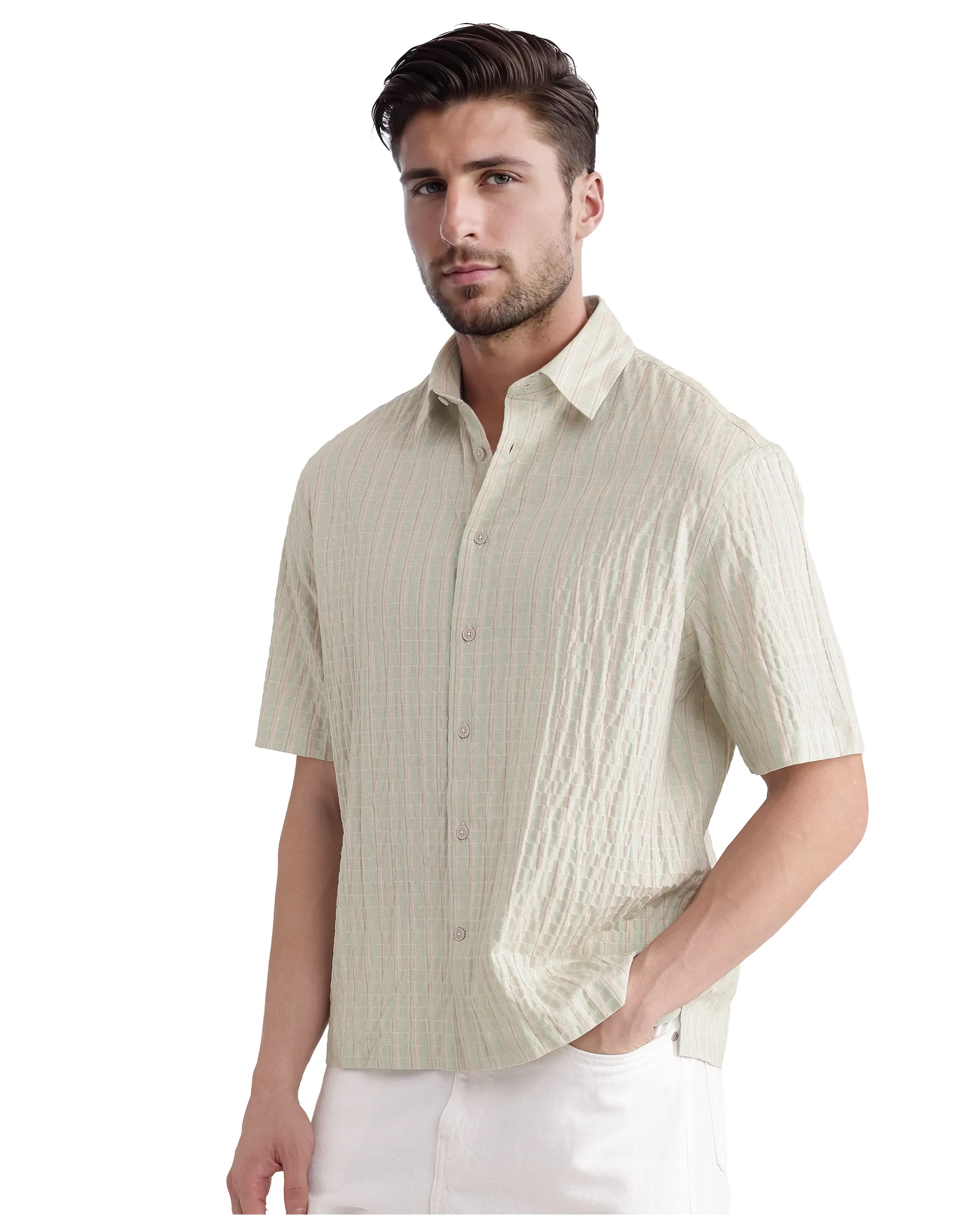 Rare Rabbit Men's Grolxan Pastel Green Cotton Striped Print Regular Fit Full Sleeve Collared Shirt - Image 5