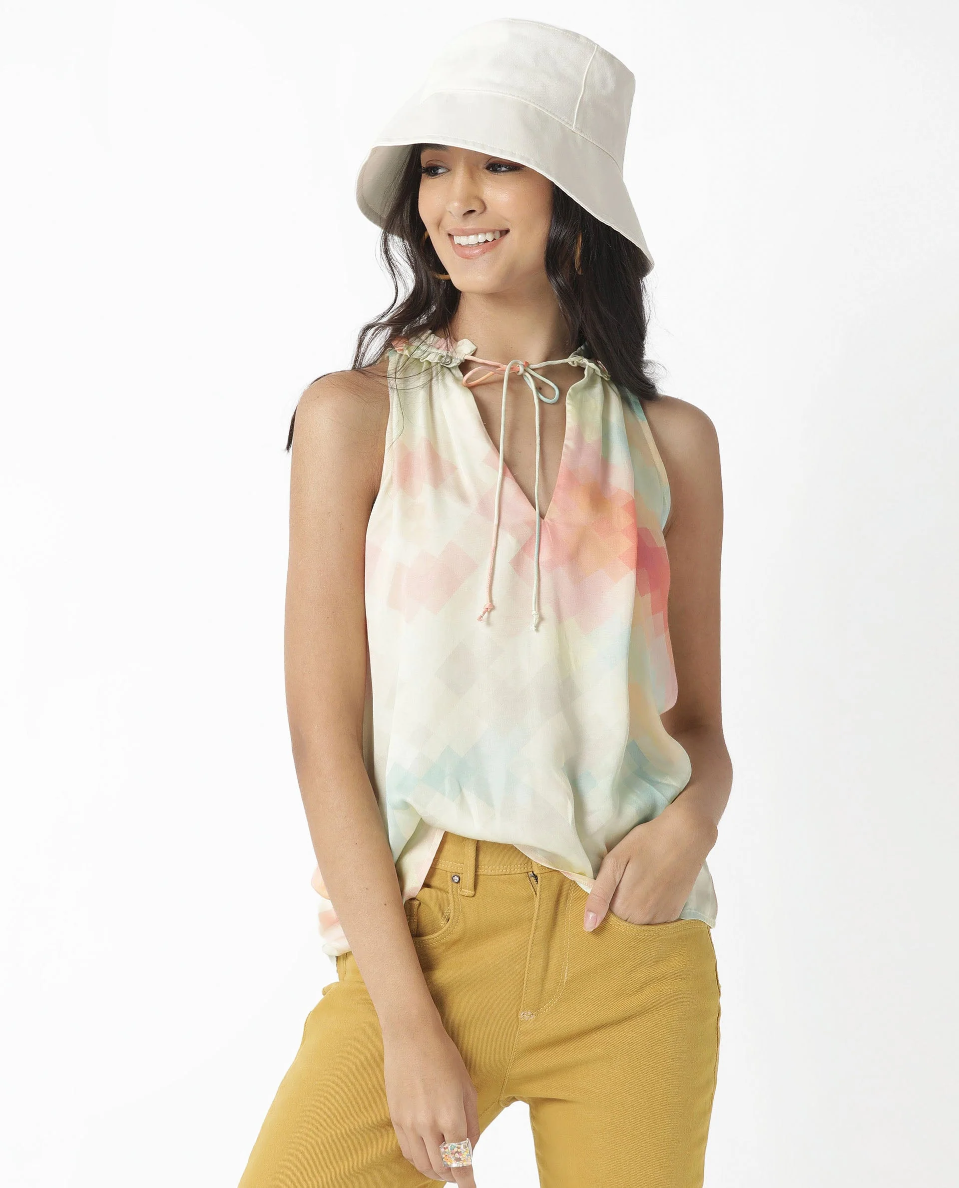 Rareism Women's Groot Offwhite Modal Tie-Up Neck Abstract Print Sleeveless Relaxed Fit Top - Image 2