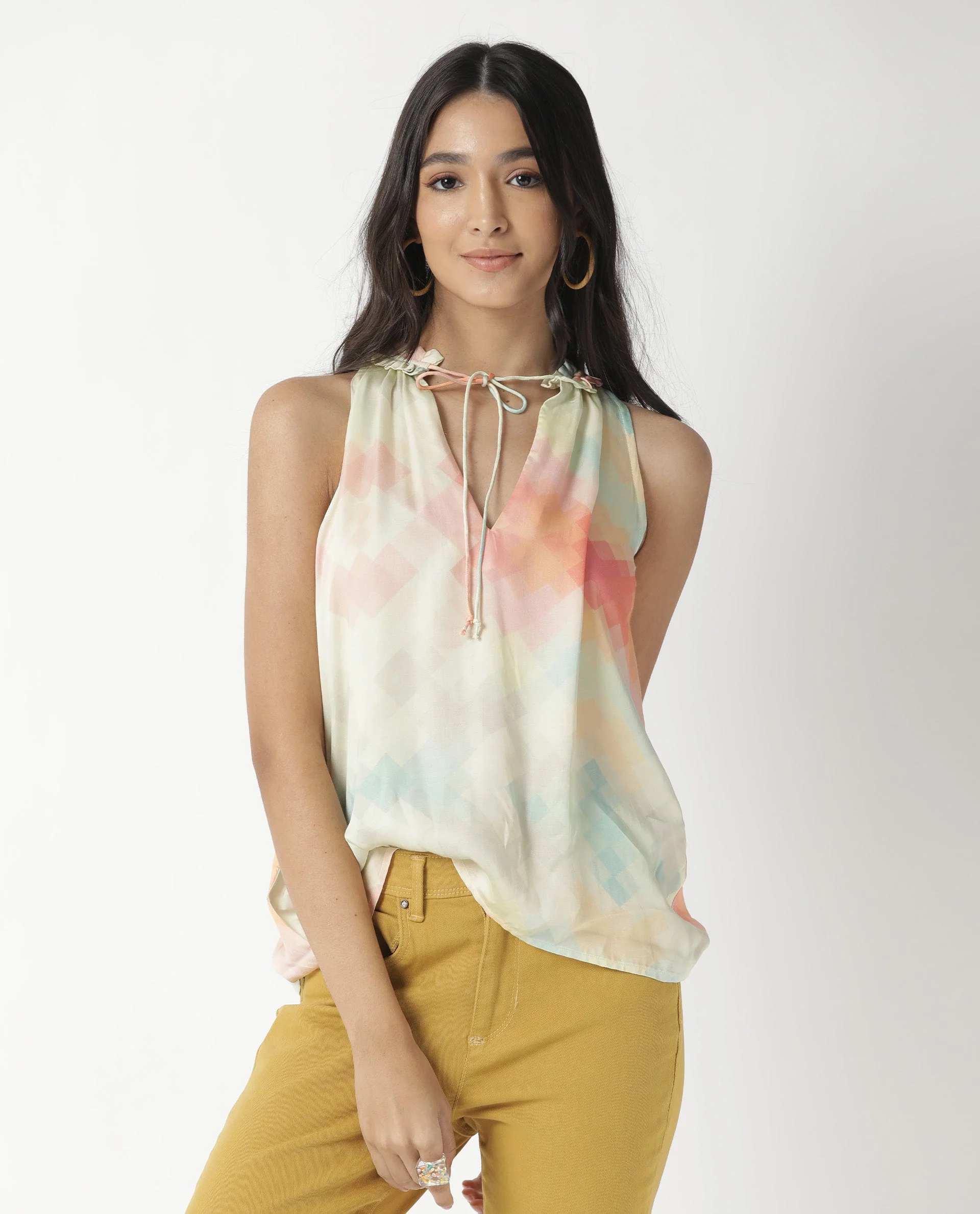 Rareism Women's Groot Offwhite Modal Tie-Up Neck Abstract Print Sleeveless Relaxed Fit Top - Image 5