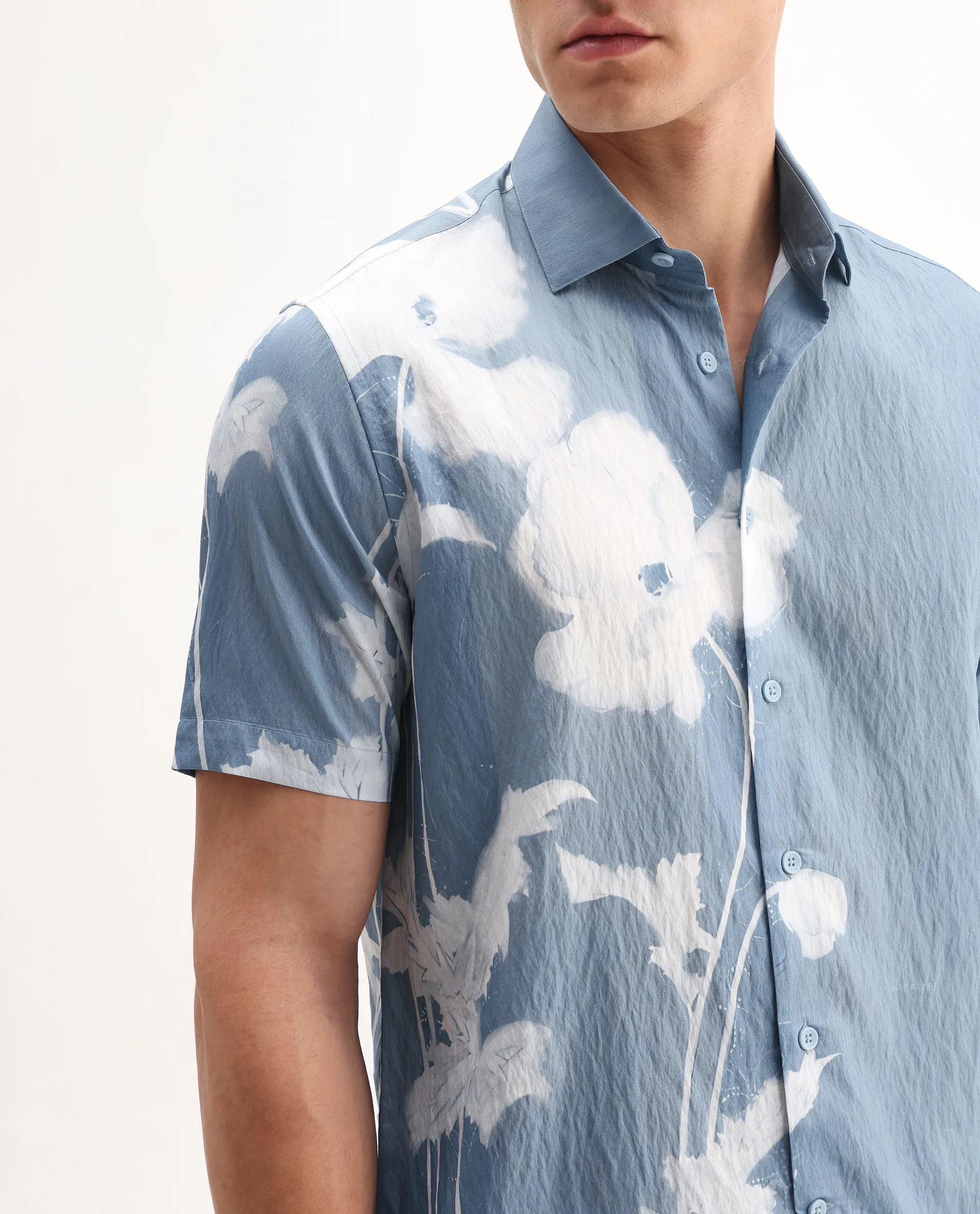 Rare Rabbit Men's Groti Light Blue Viscose Blend Floral Print Relaxed Fit Half Sleeve Collared Shirt - Image 3