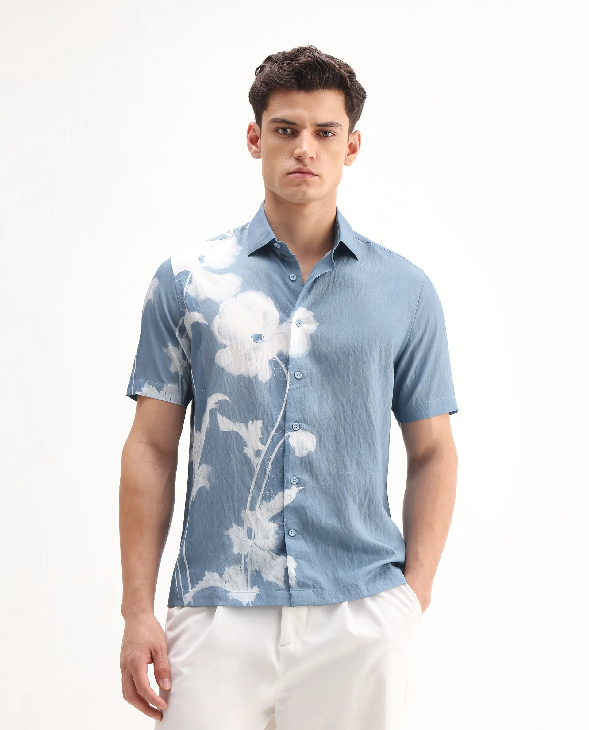 Rare Rabbit Men's Groti Light Blue Viscose Blend Floral Print Relaxed Fit Half Sleeve Collared Shirt - Image 4