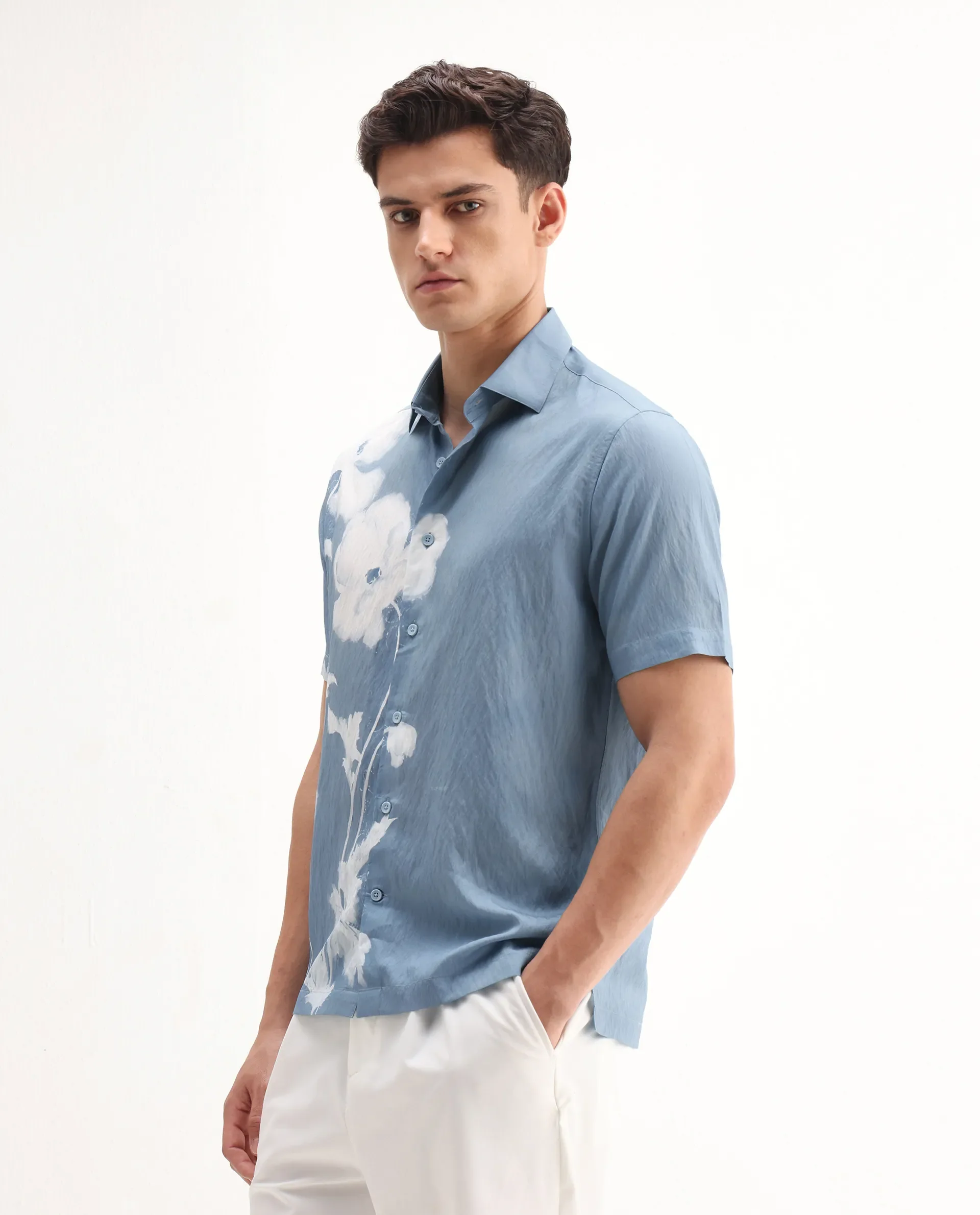 Rare Rabbit Men's Groti Light Blue Viscose Blend Floral Print Relaxed Fit Half Sleeve Collared Shirt - Image 5