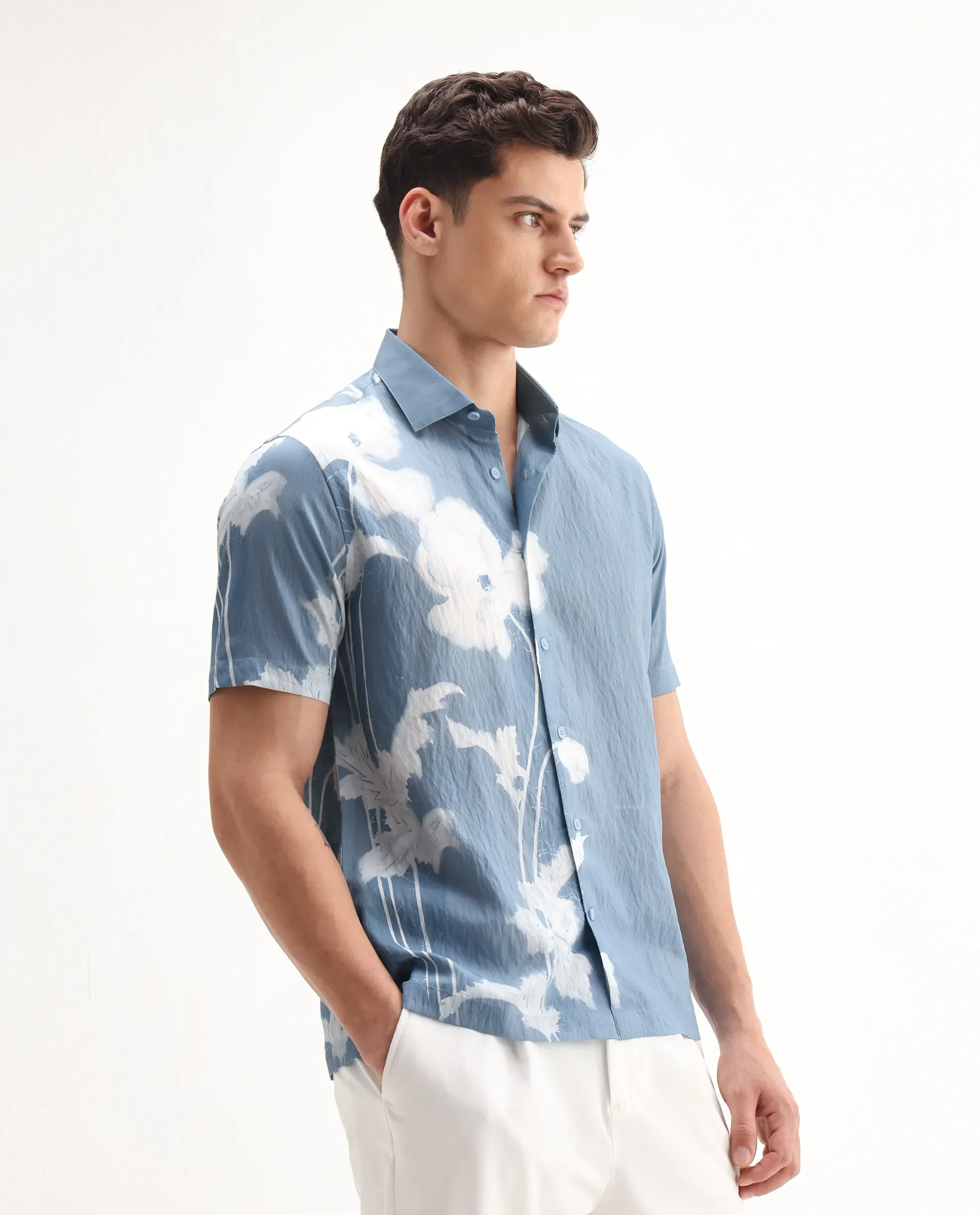 Rare Rabbit Men's Groti Light Blue Viscose Blend Floral Print Relaxed Fit Half Sleeve Collared Shirt - Image 6