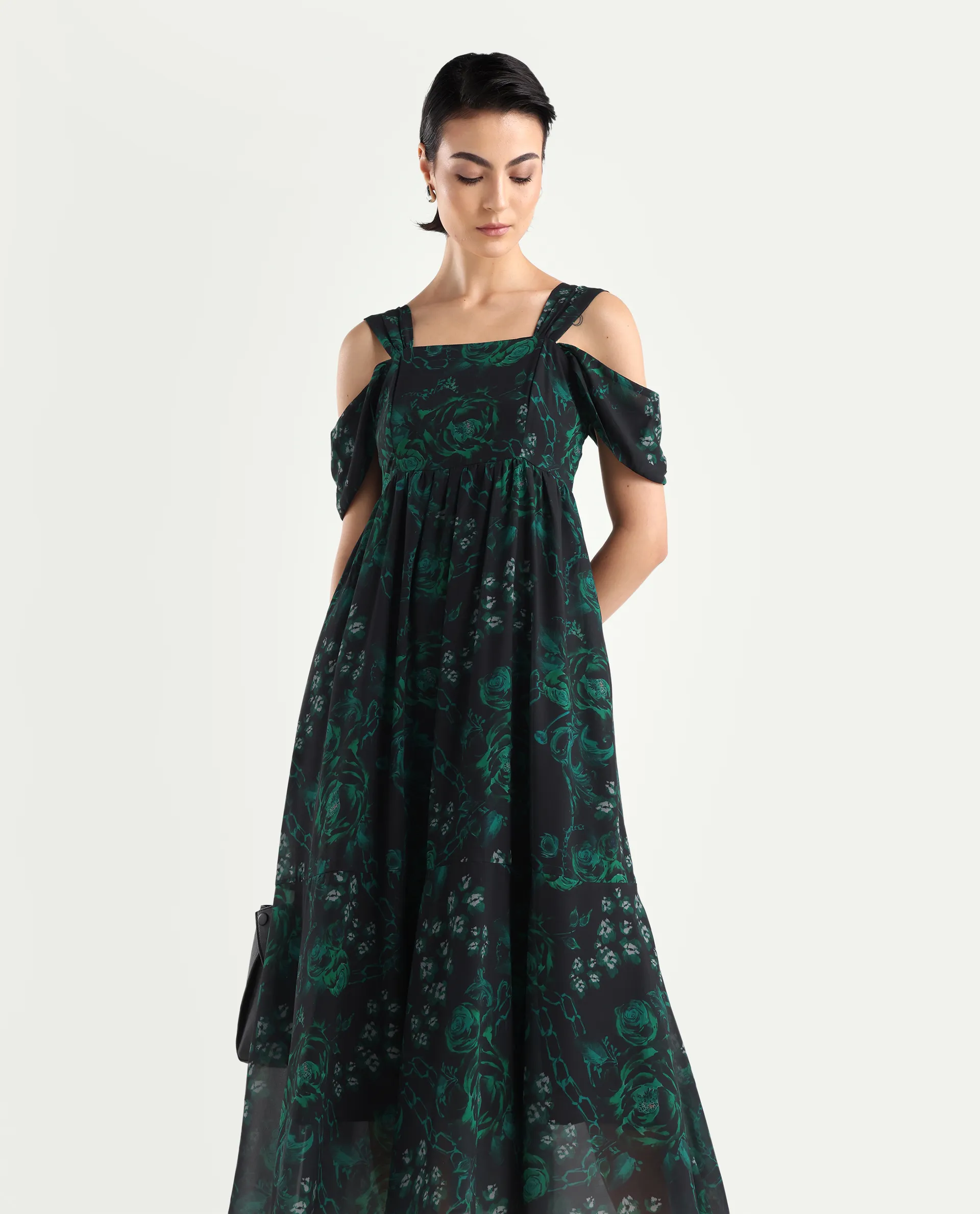 Rareism Women's Groves Black Polyester Blend Shoulder Strap Floral Print Shoulder Strap Maxi Fit And Flare Dress