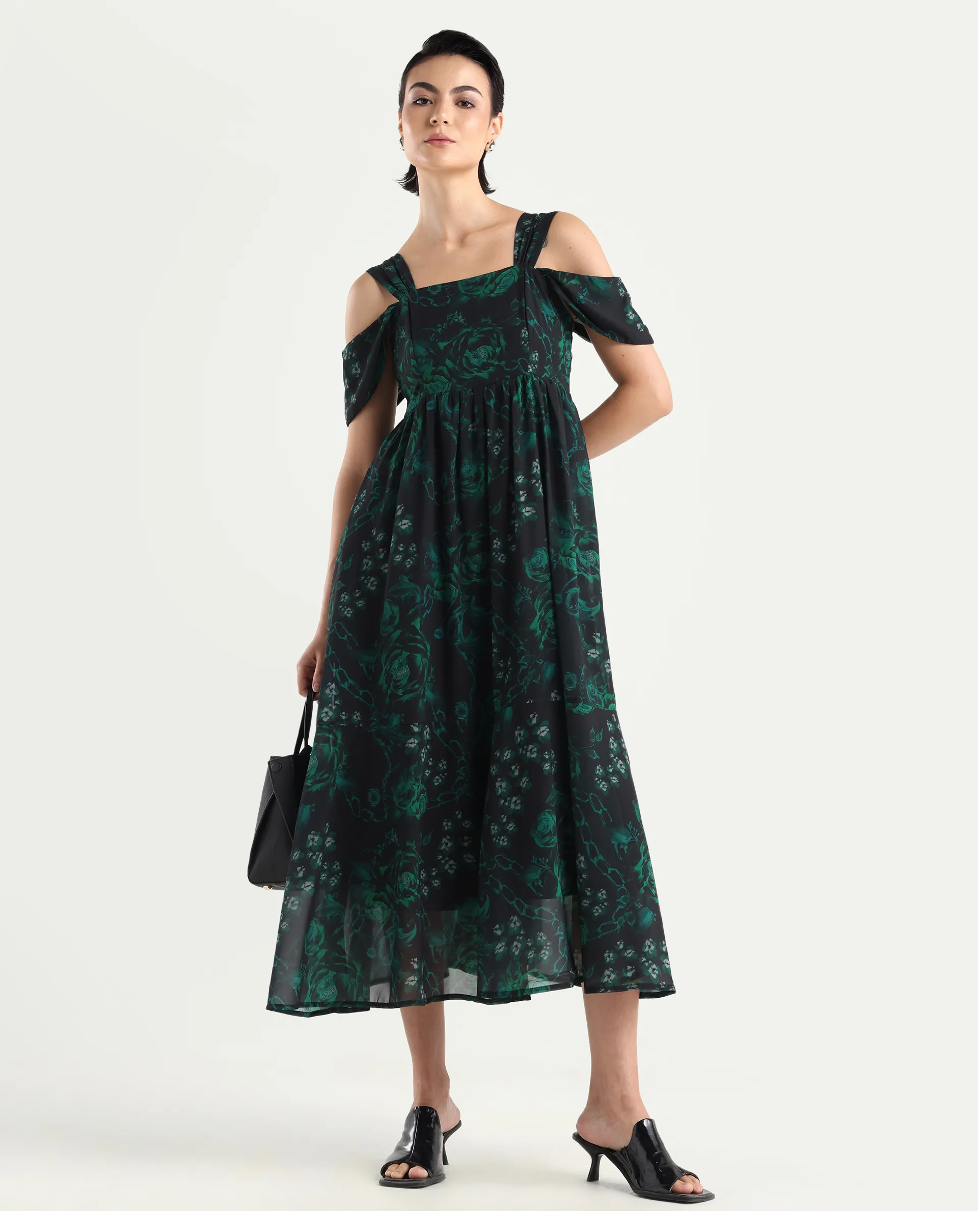 Rareism Women's Groves Black Polyester Blend Shoulder Strap Floral Print Shoulder Strap Maxi Fit And Flare Dress - Image 2