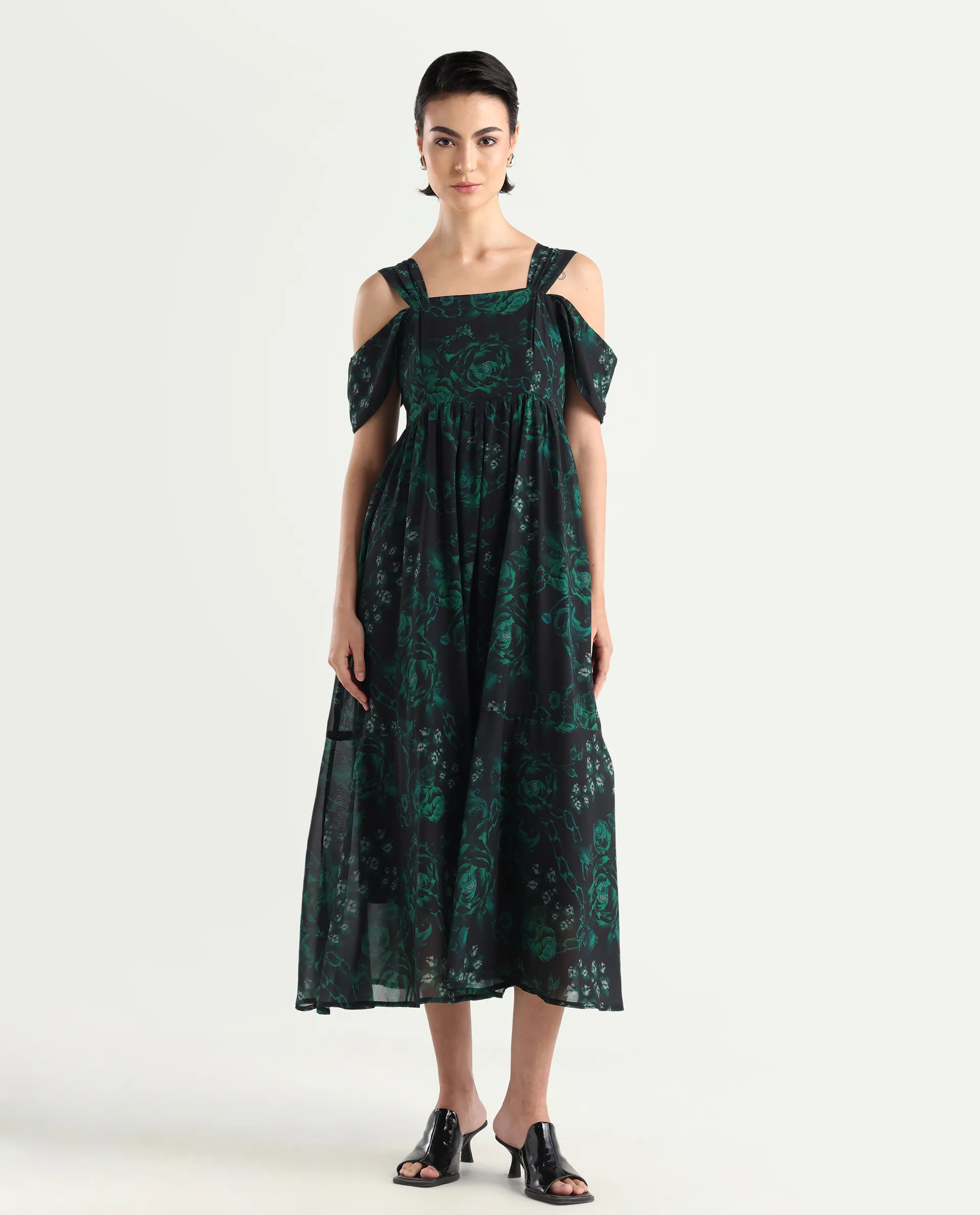 Rareism Women's Groves Black Polyester Blend Shoulder Strap Floral Print Shoulder Strap Maxi Fit And Flare Dress - Image 3