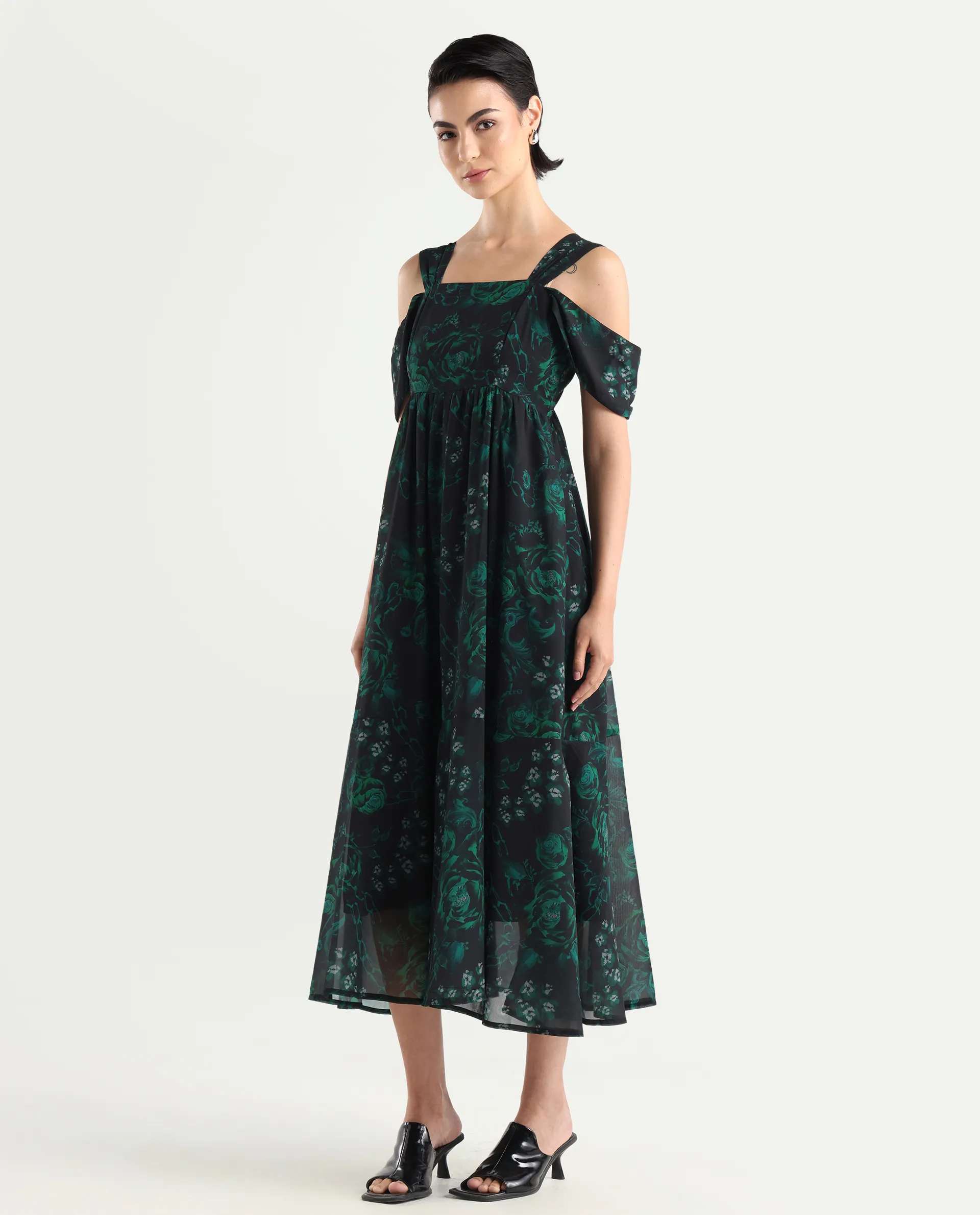 Rareism Women's Groves Black Polyester Blend Shoulder Strap Floral Print Shoulder Strap Maxi Fit And Flare Dress - Image 5