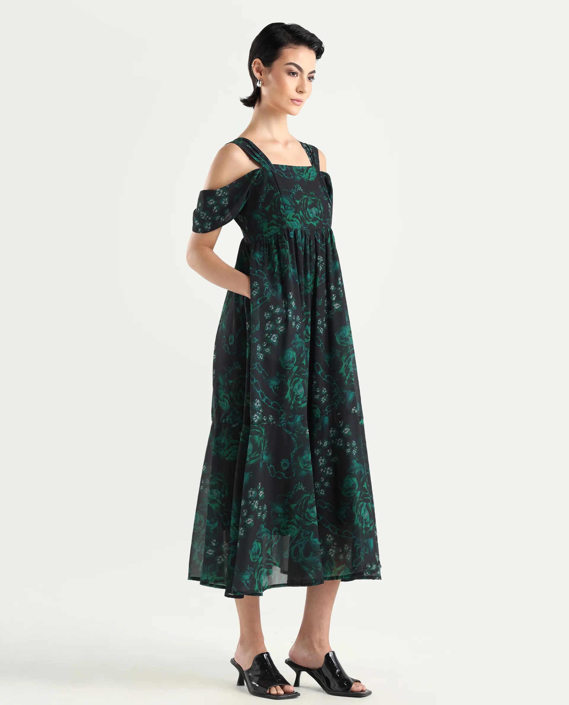 Rareism Women's Groves Black Polyester Blend Shoulder Strap Floral Print Shoulder Strap Maxi Fit And Flare Dress - Image 6