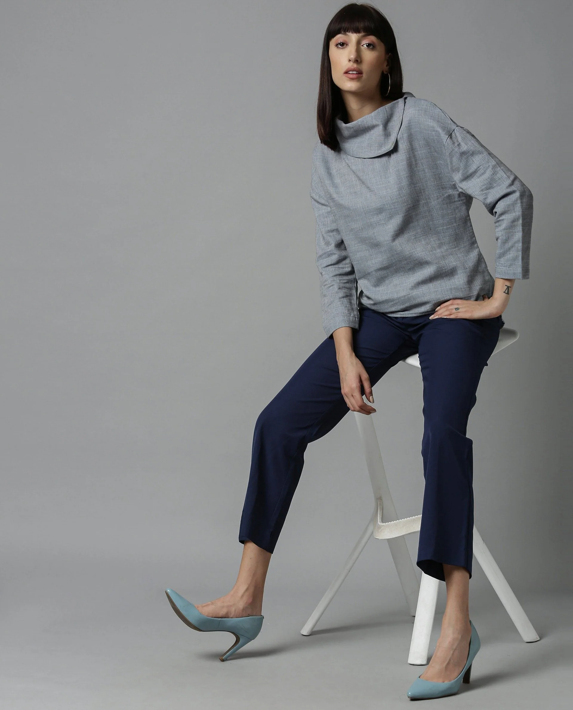 Rareism Women Grow Blue Top Short Sleeves Solid - Image 5