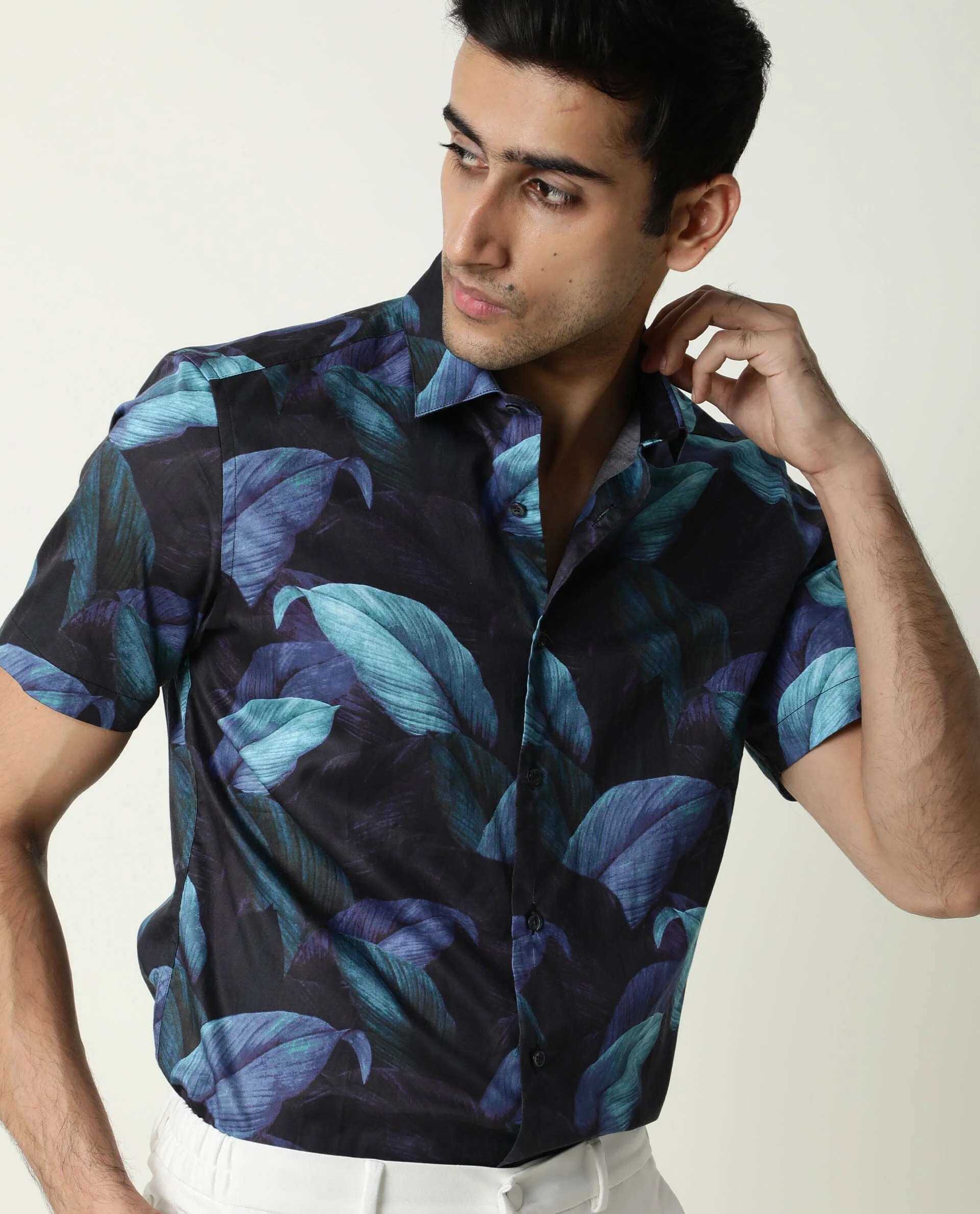 Rare Rabbit Men's Grower Navy Viscose Tropical Print Regular Fit Half Sleeve Spread Collar Shirt - Image 3
