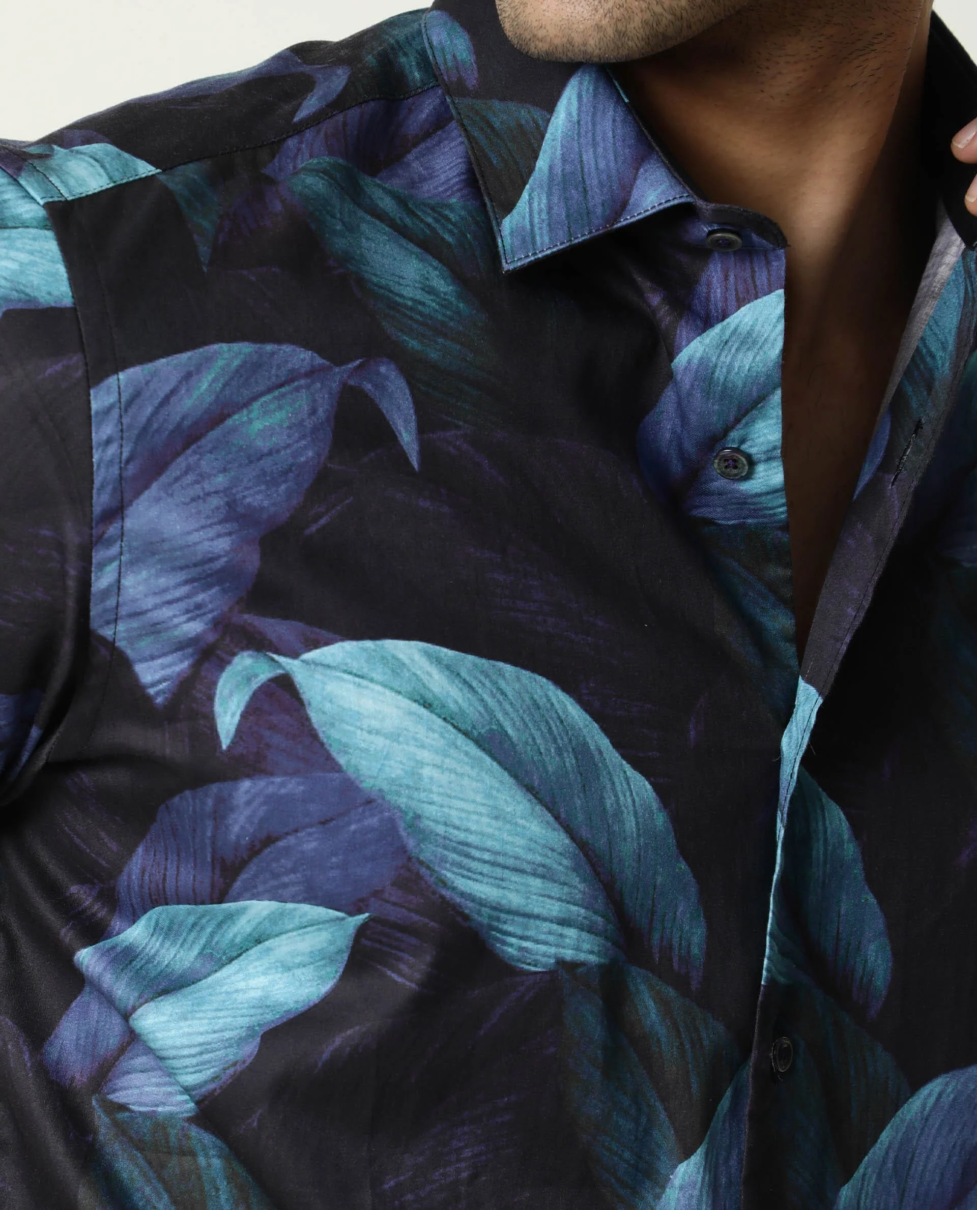 Rare Rabbit Men's Grower Navy Viscose Tropical Print Regular Fit Half Sleeve Spread Collar Shirt - Image 4