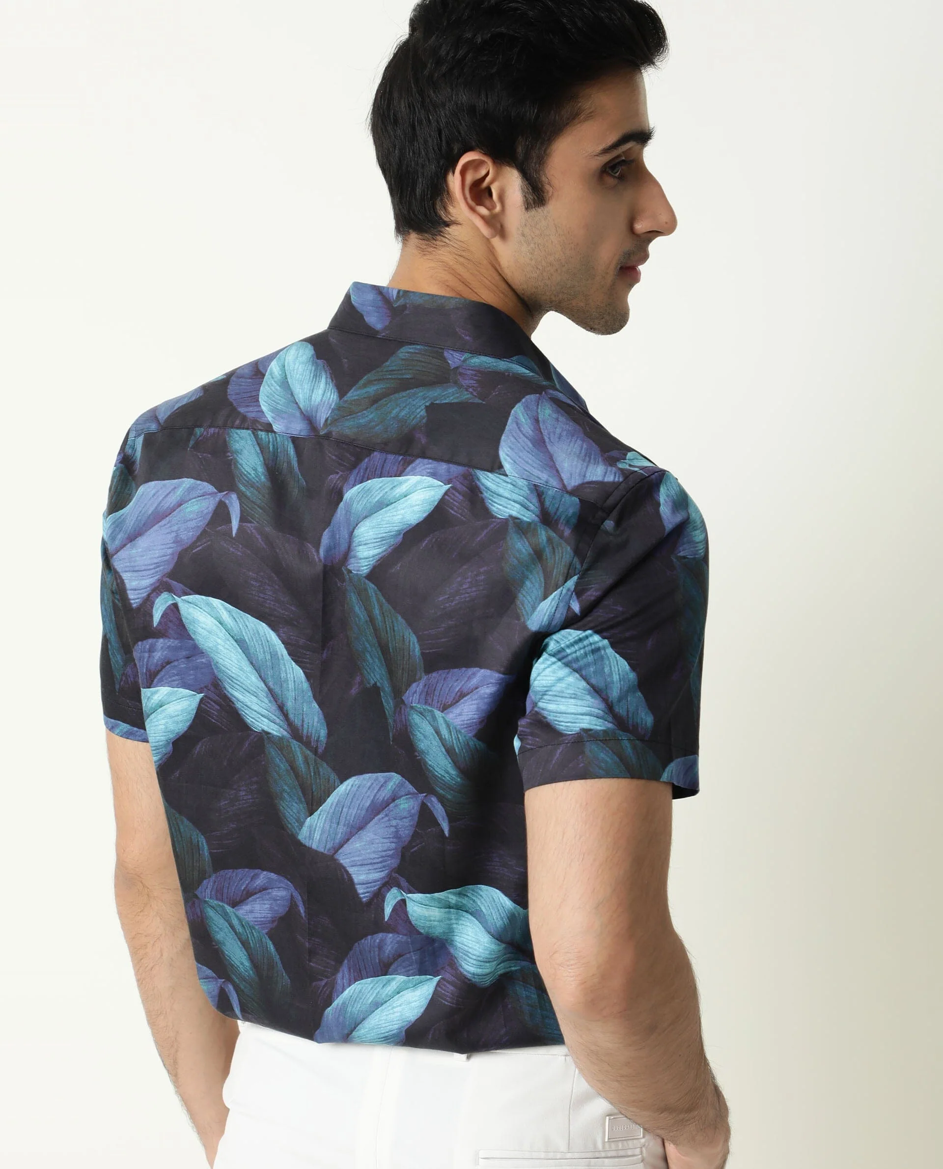 Rare Rabbit Men's Grower Navy Viscose Tropical Print Regular Fit Half Sleeve Spread Collar Shirt - Image 6