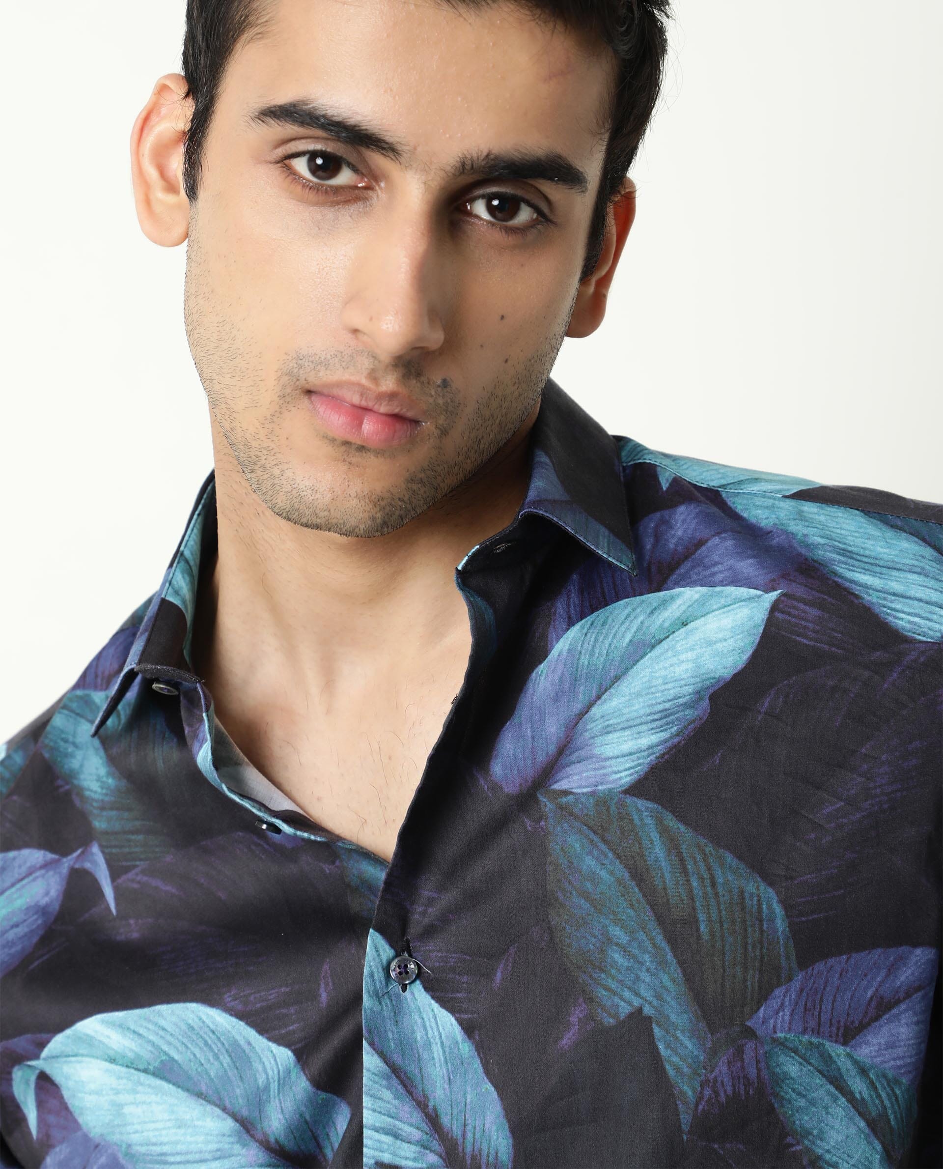 Rare Rabbit Men's Grower Navy Viscose Tropical Print Regular Fit Half Sleeve Spread Collar Shirt - Image 7